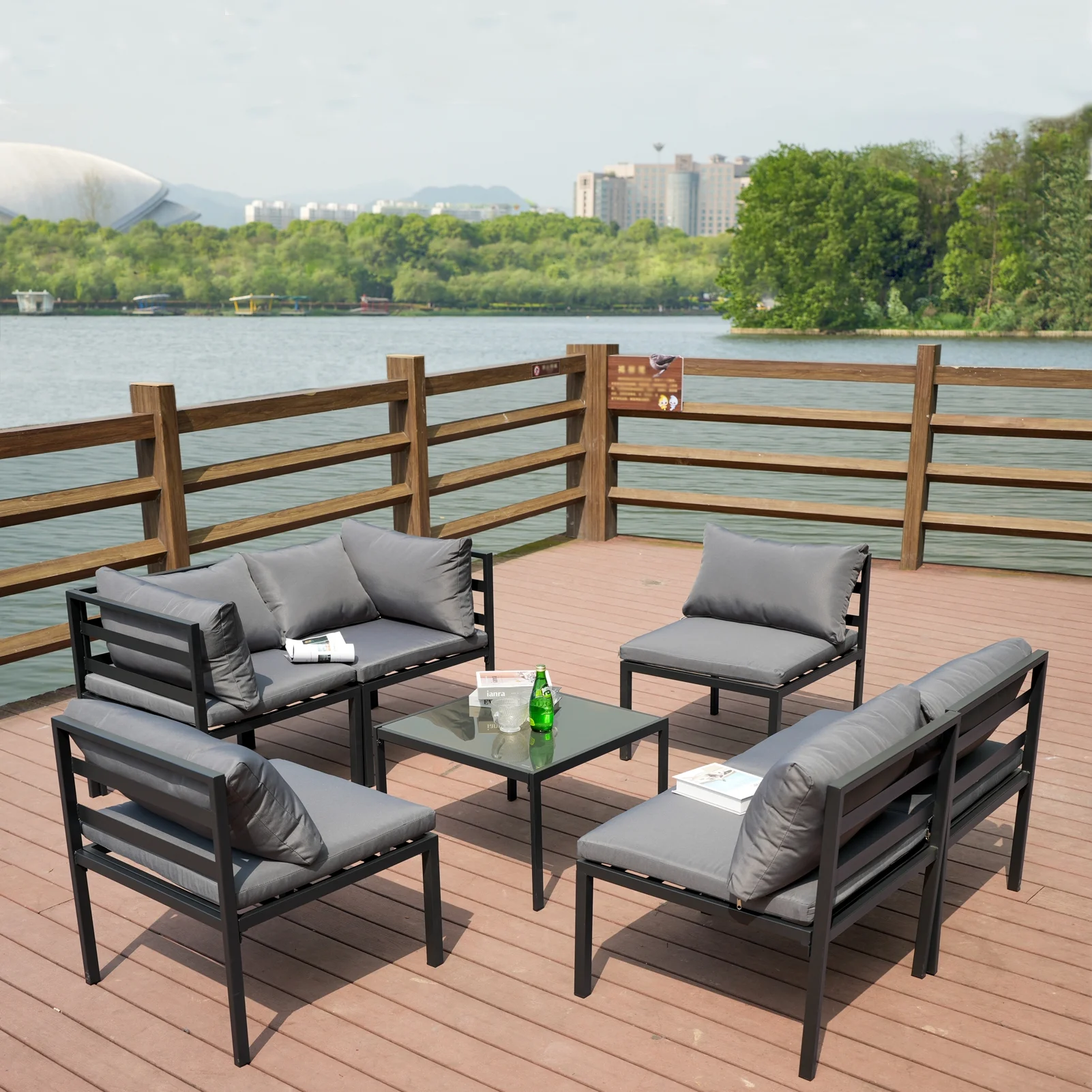 Outdoor Patio Furniture Set,Outdoor Chairs Set Sectional Sofa Patio Conversation Set，Porch Patio Chat Set with Tempered Glass Table top Coffee Table and Grey Cushions