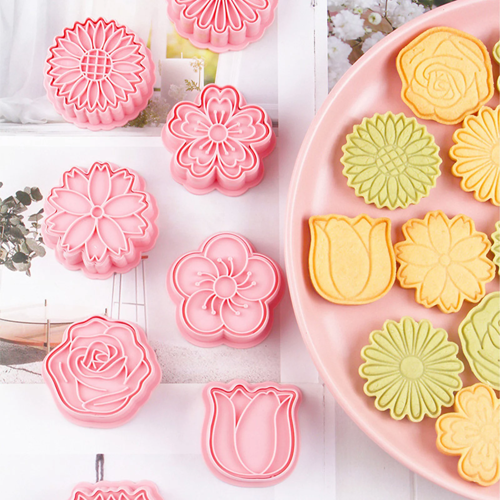 NLLSHGJ Flower Biscuits Mould Chrysanthemum Cherry Plums Cartoon Cake Baking Sugar 3d Three Dimensionals Cookie Seal Die