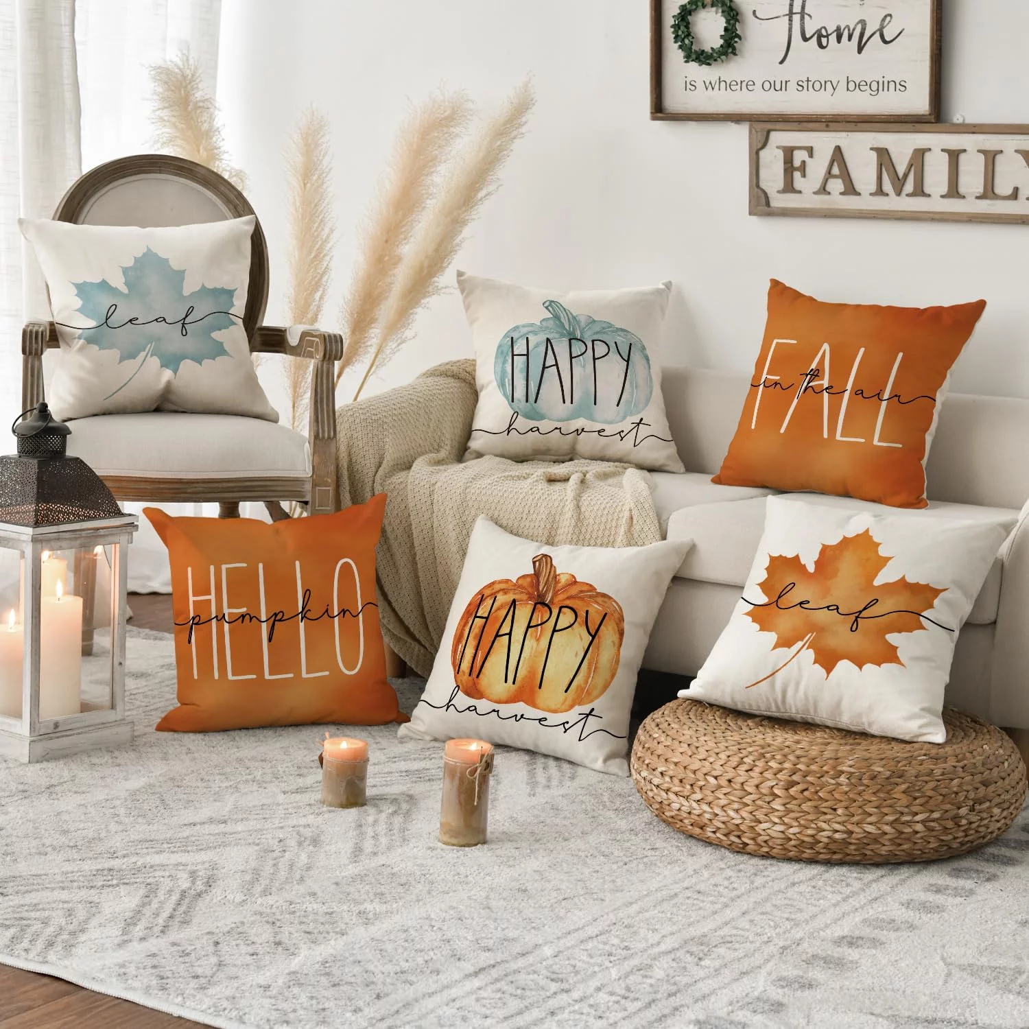 Smile Fall Throw Pillow Covers 18 x 18 Set of 4 Maple Leaf Hello Pumpkin Blue