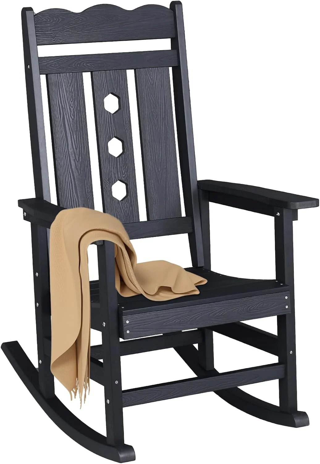 All-Weather Outdoor Rocking Chair with 400 lbs Weight Capacity, Oversized Porch Rocker Chair, for Backyard, Fire Pit, Lawn, Garden, Outdoor and Indoor Black