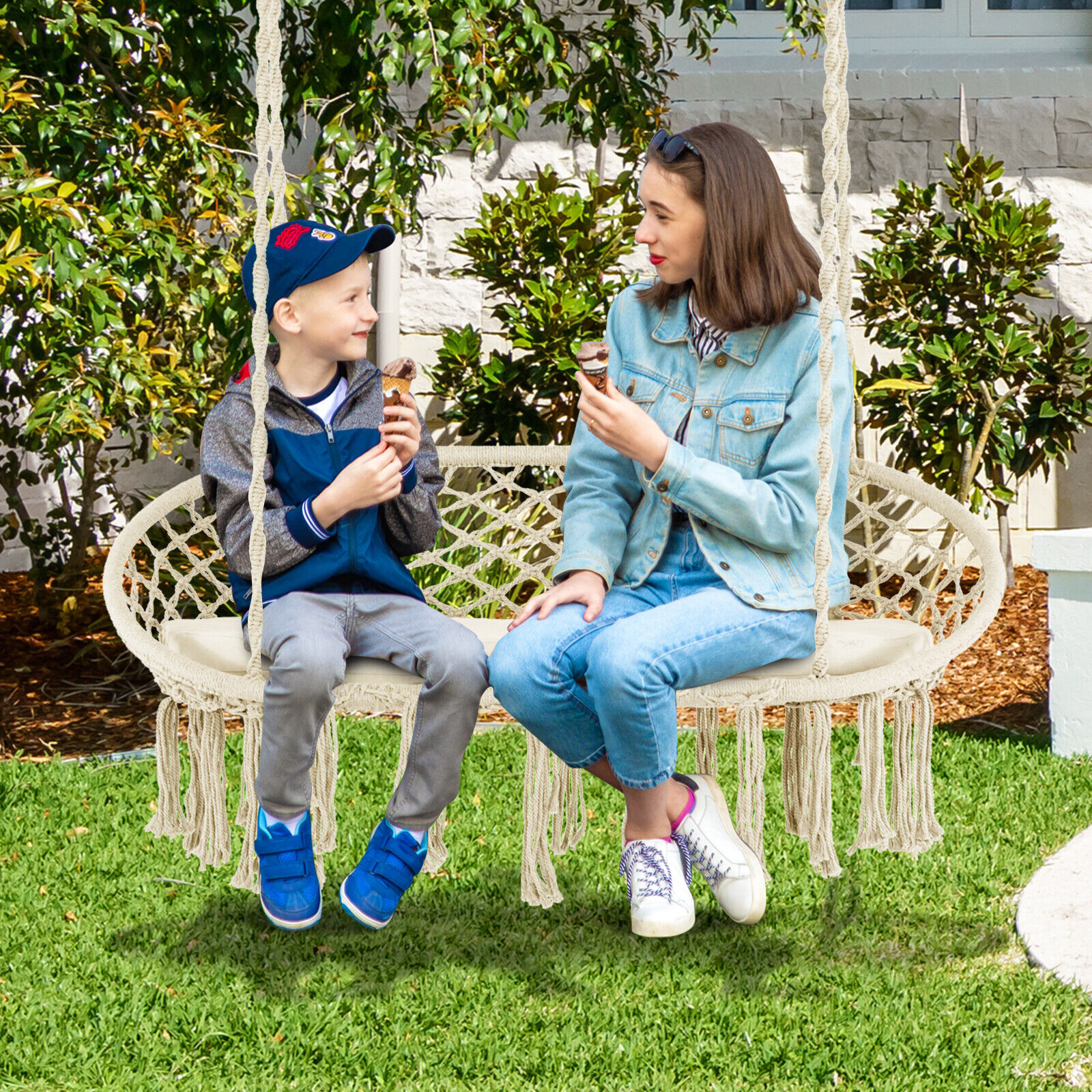 2 Person Hanging Hammock Chair with Cushion Macrame Swing 330 lbs Capacity Beige