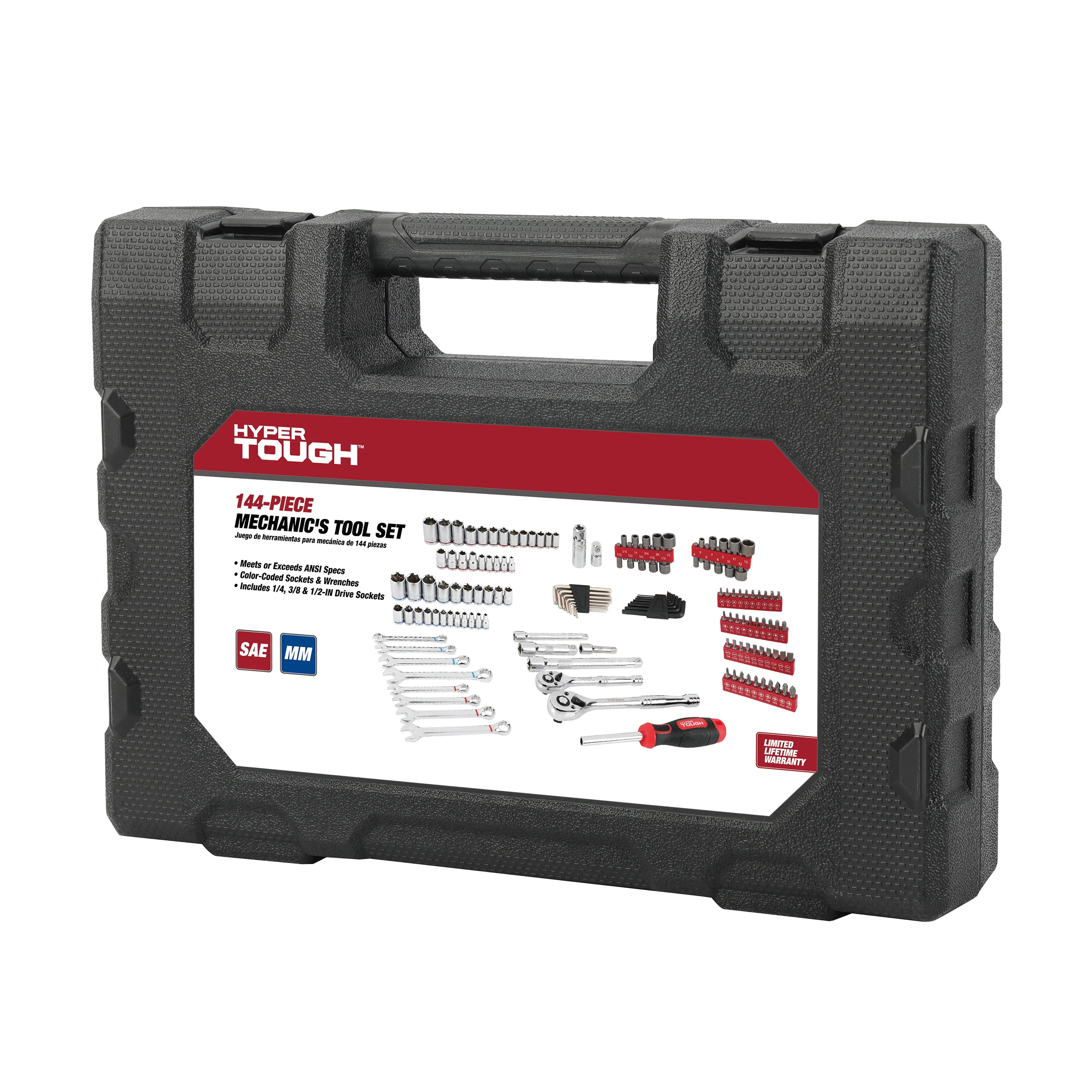 Hyper Tough 144-Piece 1/4, 3/8 and 1/2-inch Drive Mechanics Tool Set, Chrome Finish