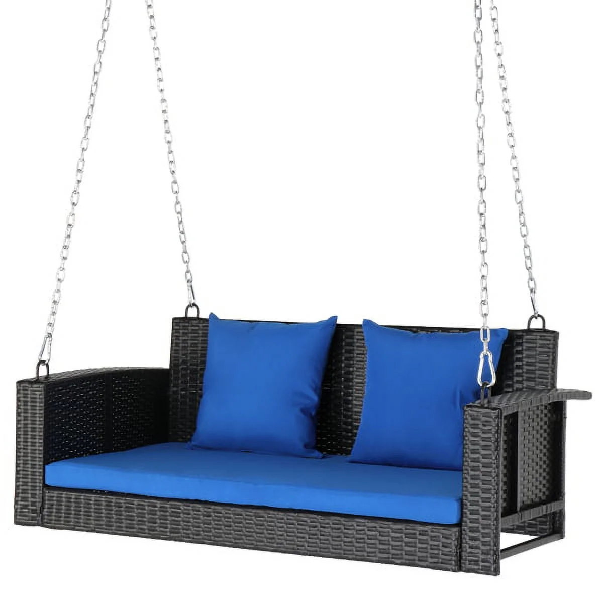49in Black Rattan Blue Cushion Rattan Swing Chair（Swing frames not included）