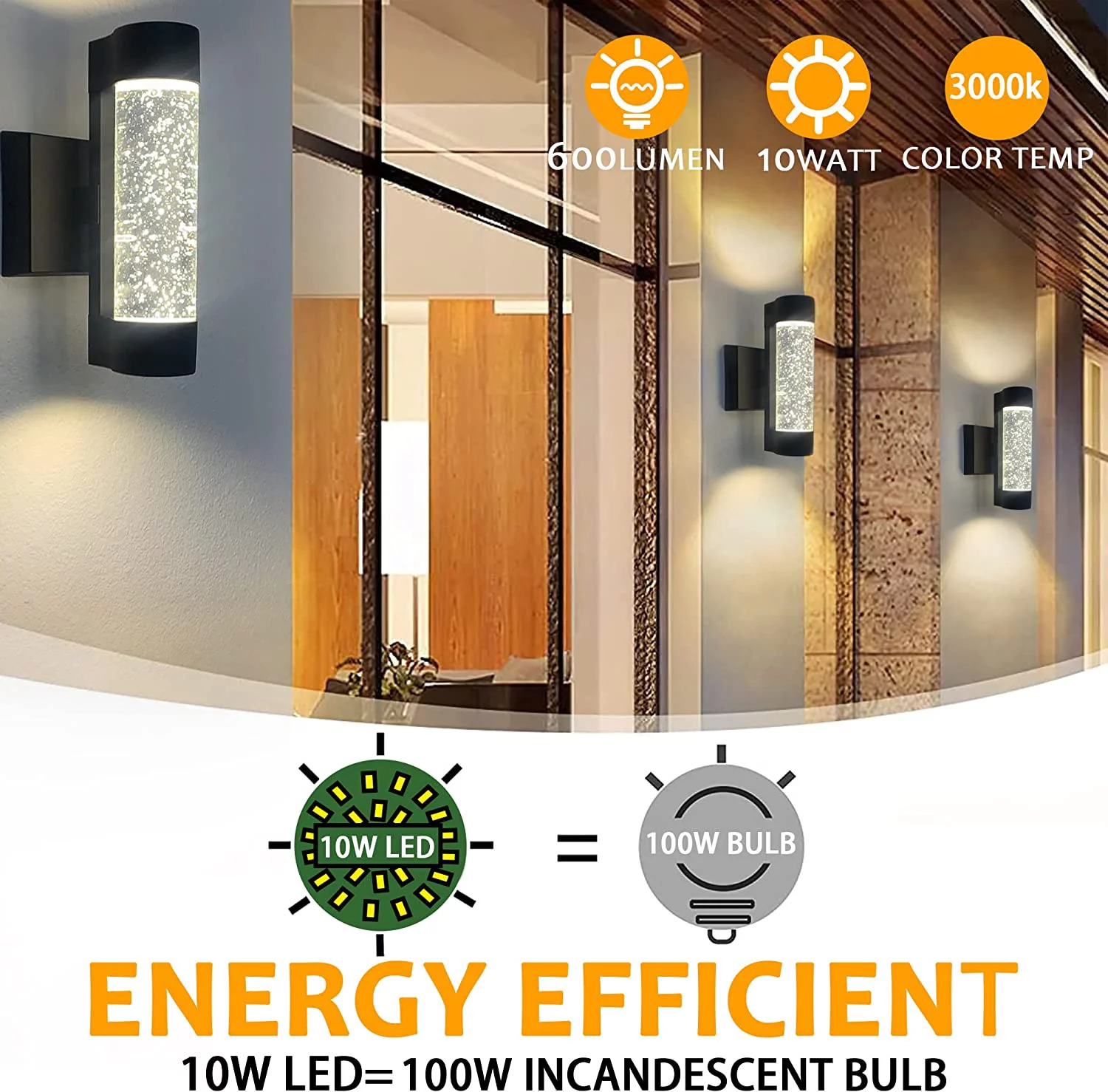 LED Wall Sconce, Cylinder Wall Mount Sconce Uplight Down Light, Sconces Wall Lighting with Crystal Bubble Glass Panel,Outdoor Lights for Patio,Porch,Garage,Backyard,DC10W 3000K Warm White,Matte Black