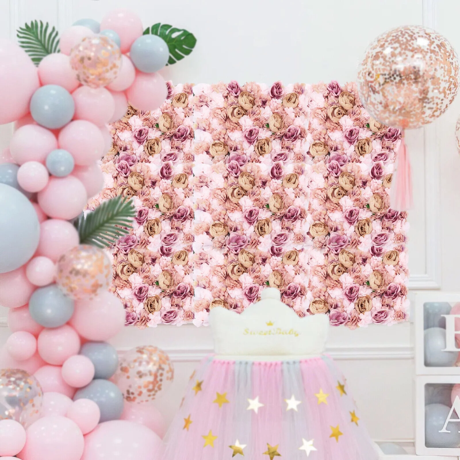 6 PCS Artificial Fake Flowers Wall Decor Silk Flower Panel Wedding Party Decor 6Pc Artificial Silk Rose Flower Wall Panel Bouquet Floral Wedding Backdrop Decor Artificial Fake Flowers Wall Decor