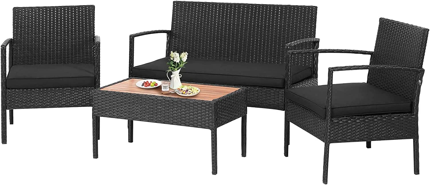 Dina 4 Piece Patio Rattan Conversation Set  Outdoor Wicker Sofa Furniture Set W/Loveseat & 2 Single Chairs  Acacia Wood Tabletop  Outside Sectional Set for Poolside  Deck  Garden (1