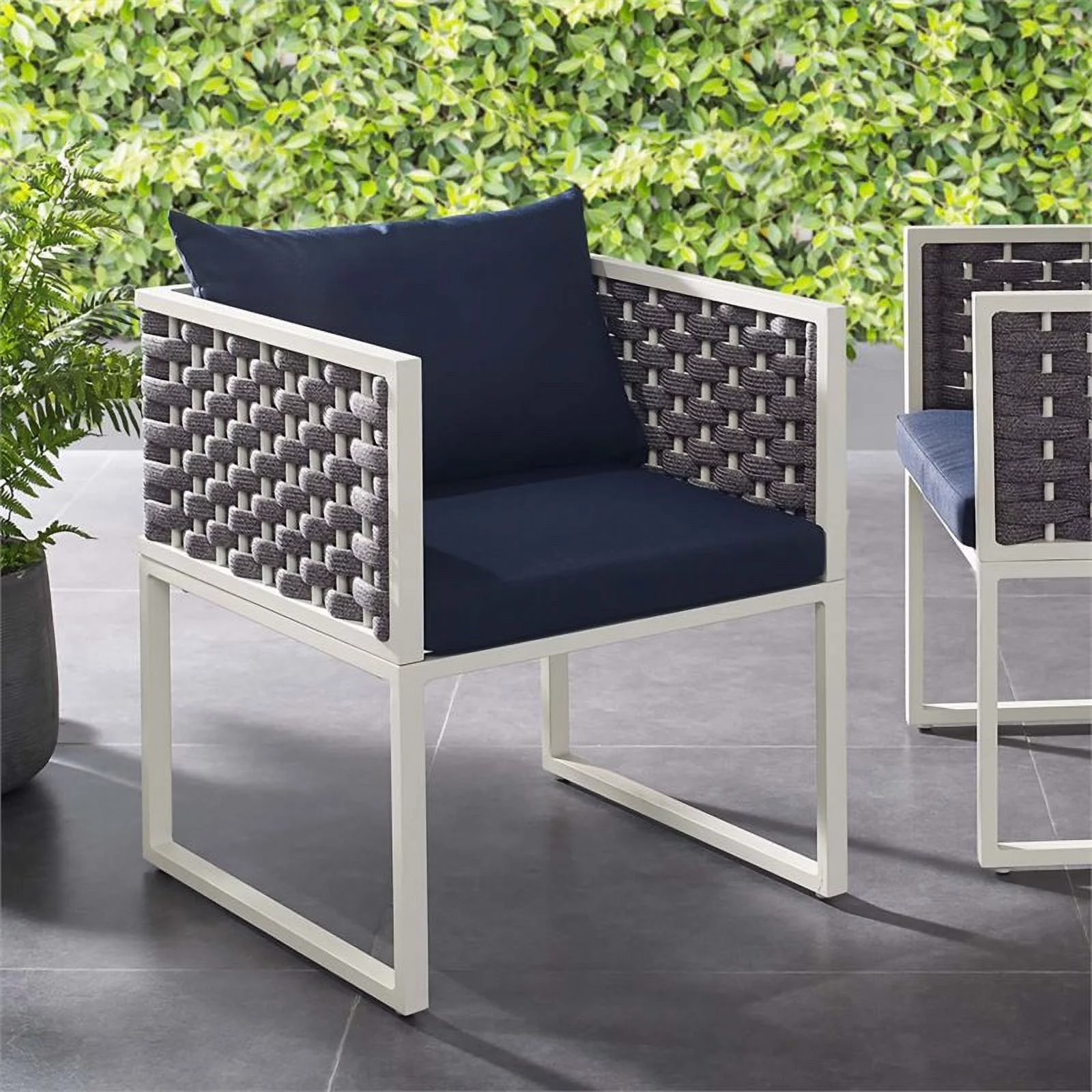 Pemberly Row  Aluminum Patio Dining Armchair in White and Navy