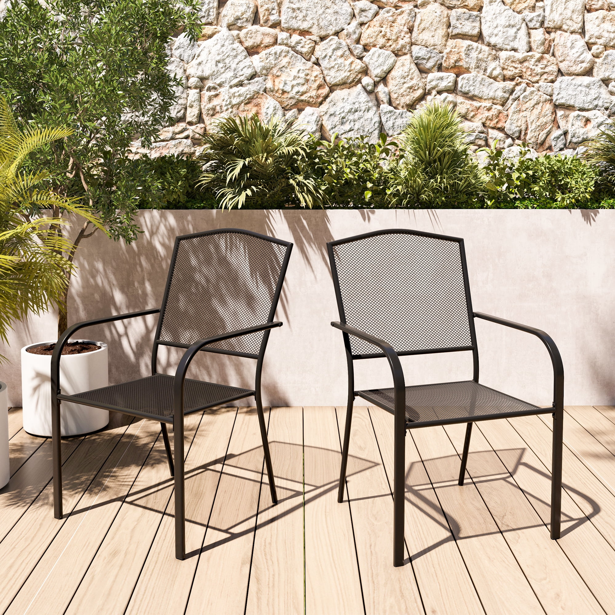 Boyel Living Black Metal Outdoor Patio Dining Chair Set of 2, Patio Dining Chairs with Armrests for Backyard, Garden & Porch