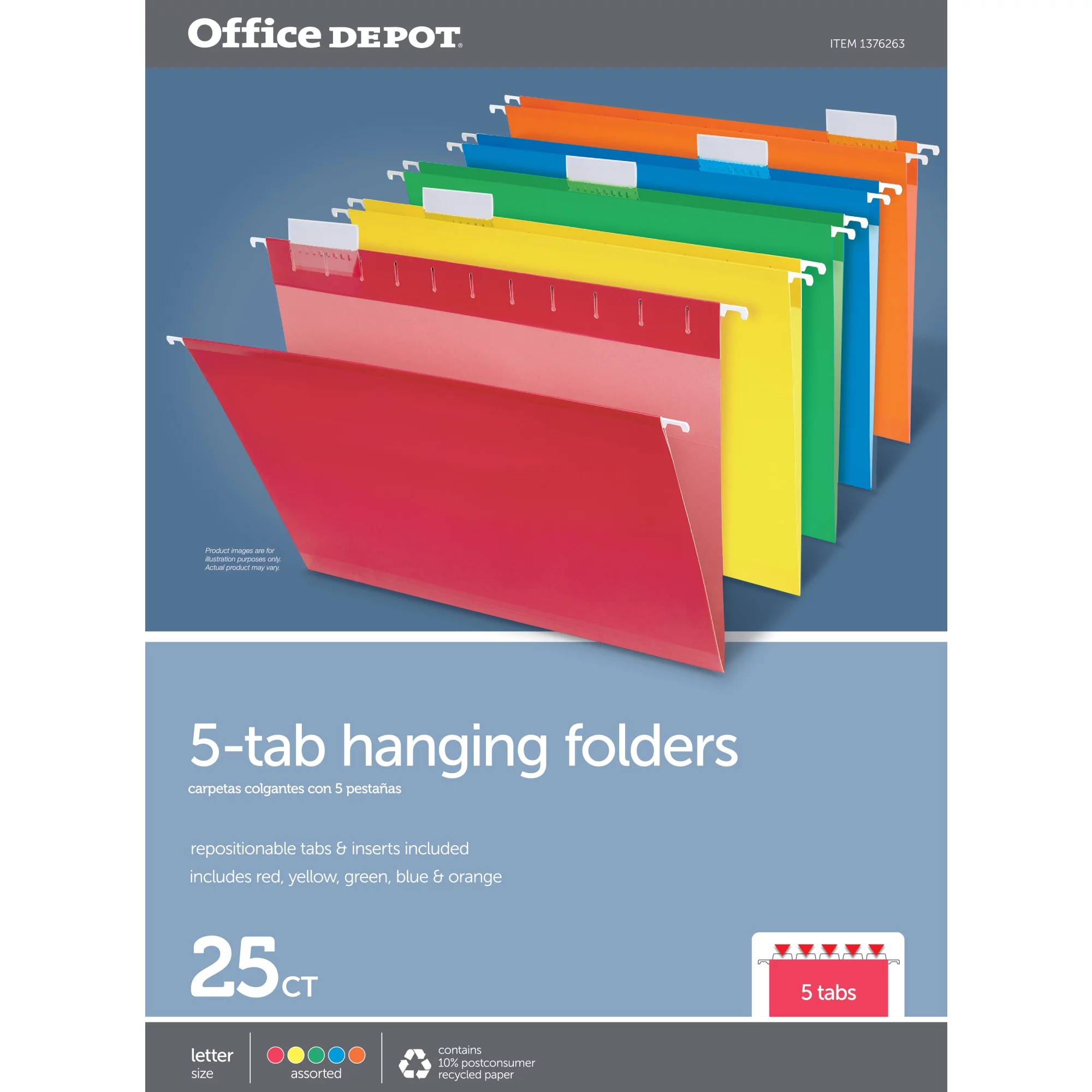 Office Depot(R) Hanging Folders, 8 1/2in. x 11in., Letter Size, Assorted, Box Of 25, OM97643