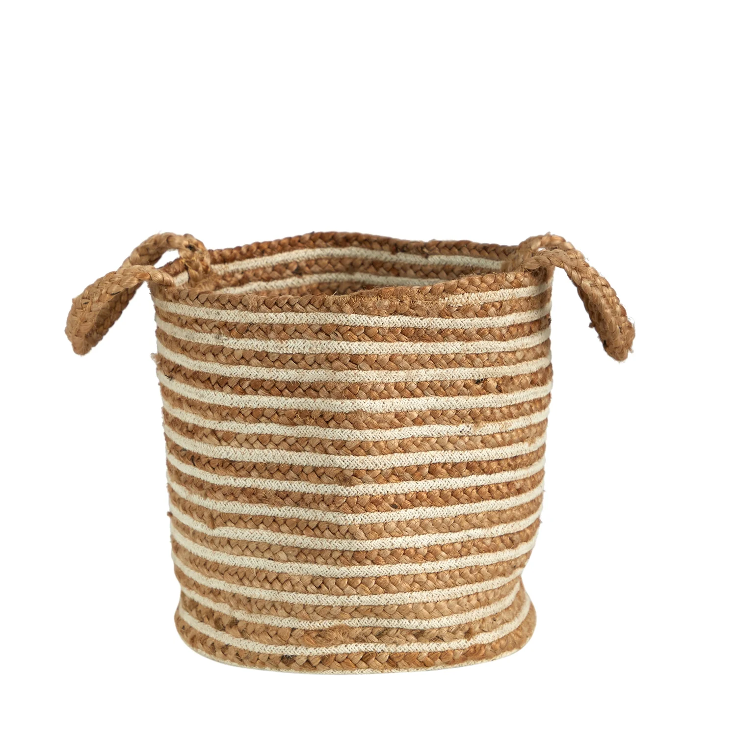 HomeStock 14In. Modern Marvel Basket Planter Cotton And Jute, Handwoven Stripe With Handles