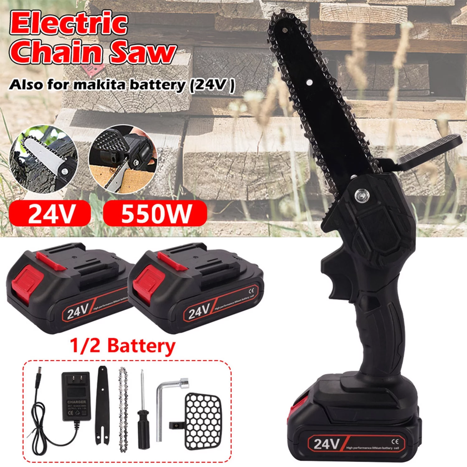 Xhy Electric Chainsaw 6 Inch 24V Battery Powered Outdoor Wireless One Hand Handheld Portable Logging Pruning Chain Saw Tool (2 Batteries)