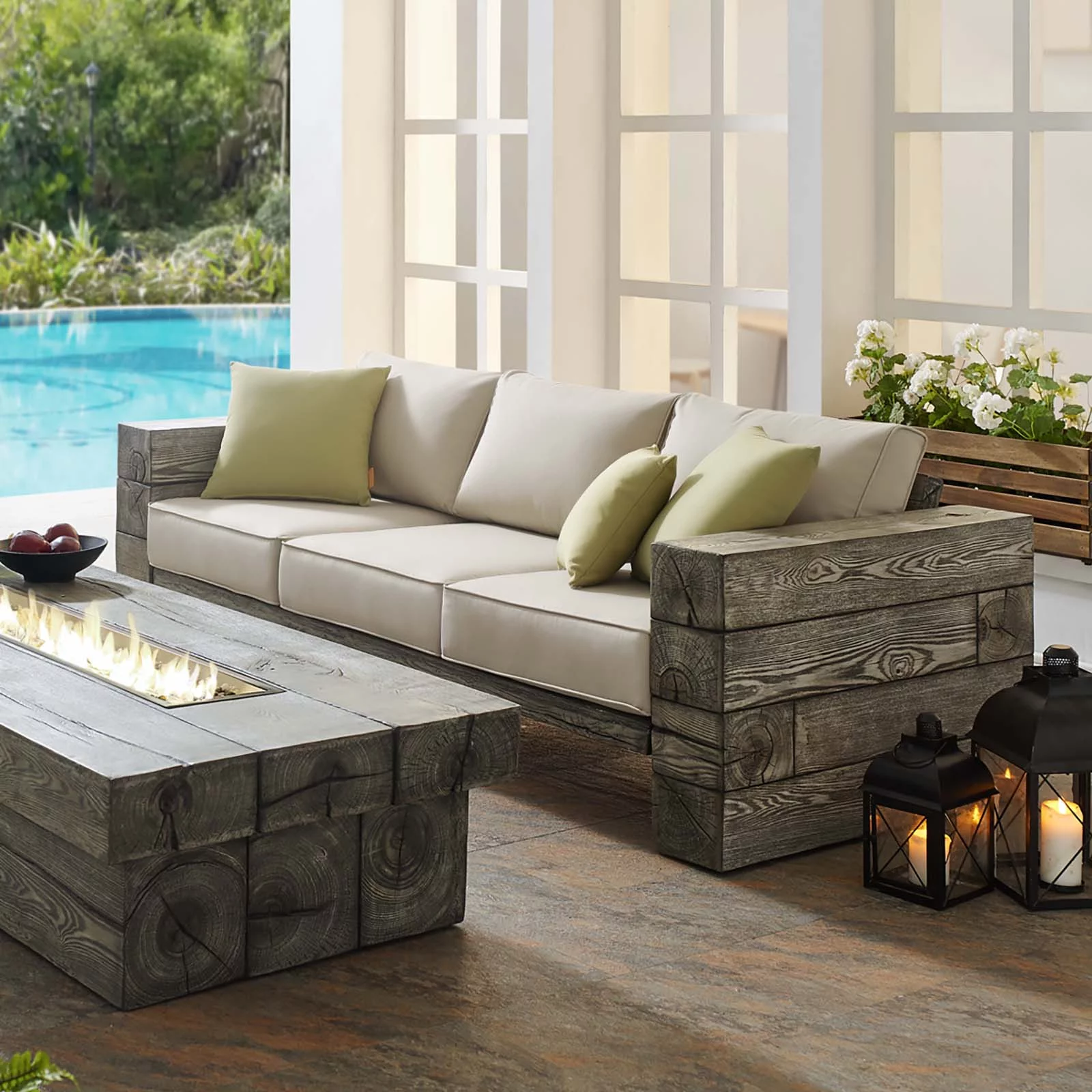 Contemporary Modern Urban Designer Outdoor Patio Balcony Garden Furniture Lounge Sofa, Faux Simulate Wood, Beige