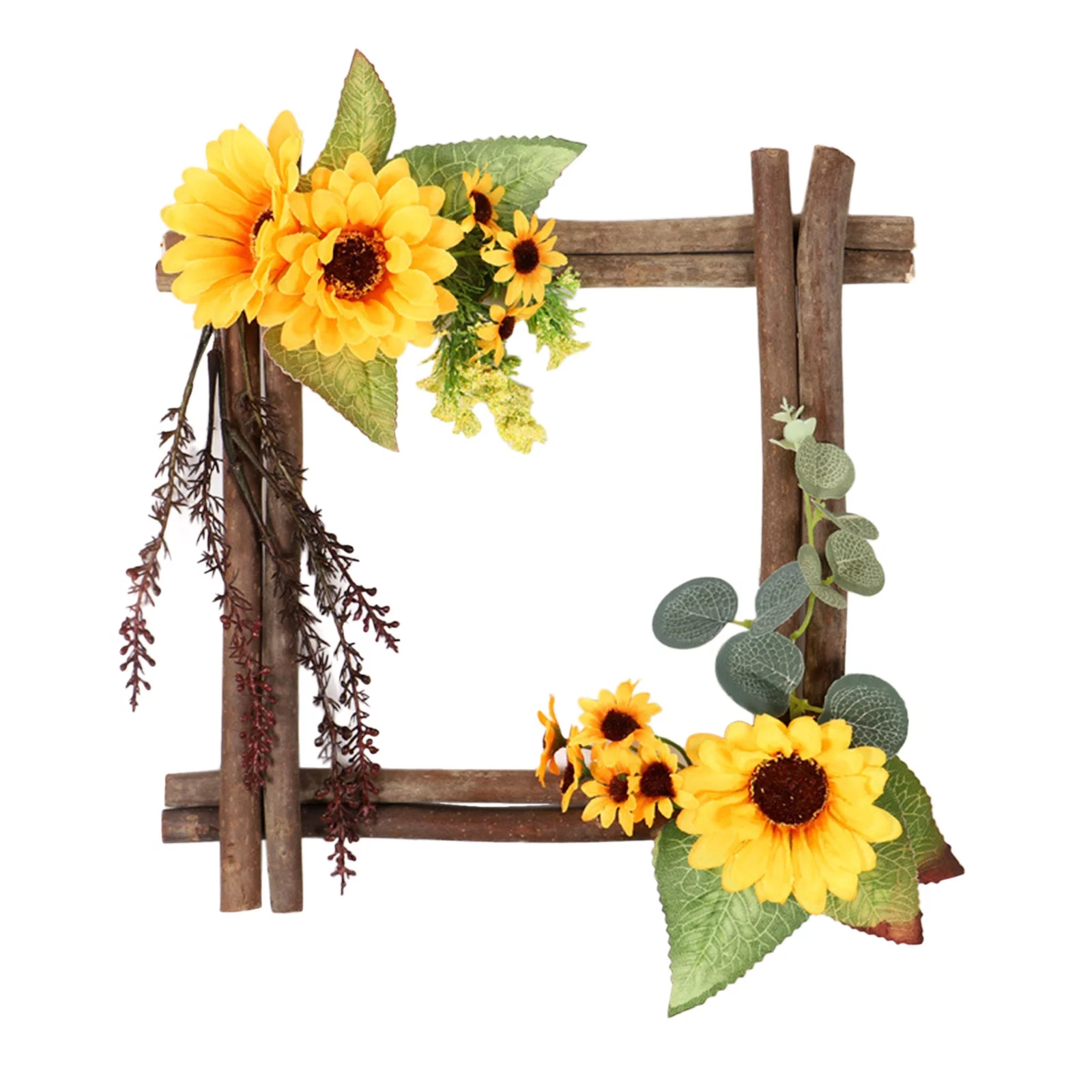 HALJEN Artificial Flowers for Outdoors Wooden Sunflower Pendant Square Garland Wall Decoration Door Hanger