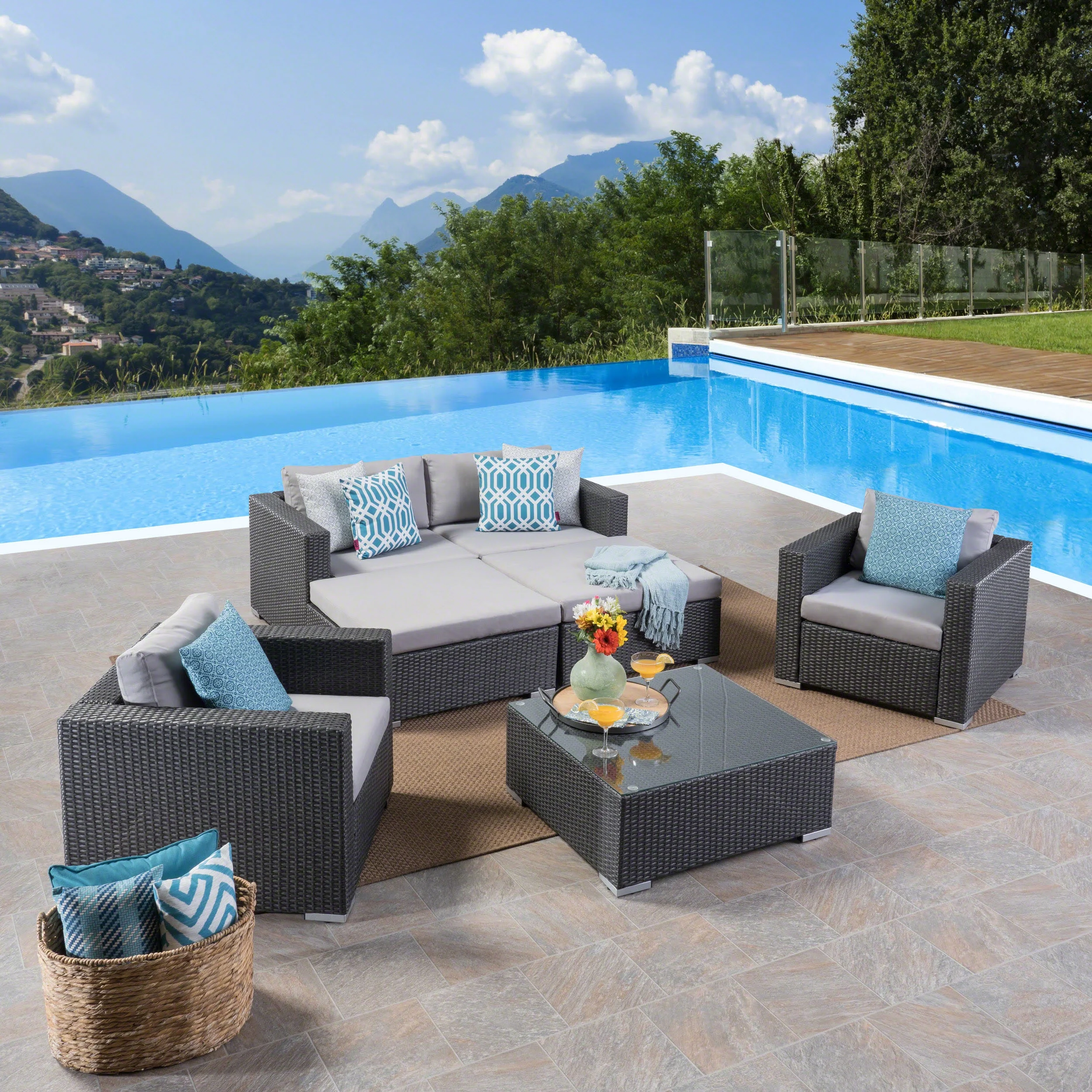 Faviola Outdoor 4 Seater Wicker Chat Set with Aluminum Frame and Cushions, Grey, Silver