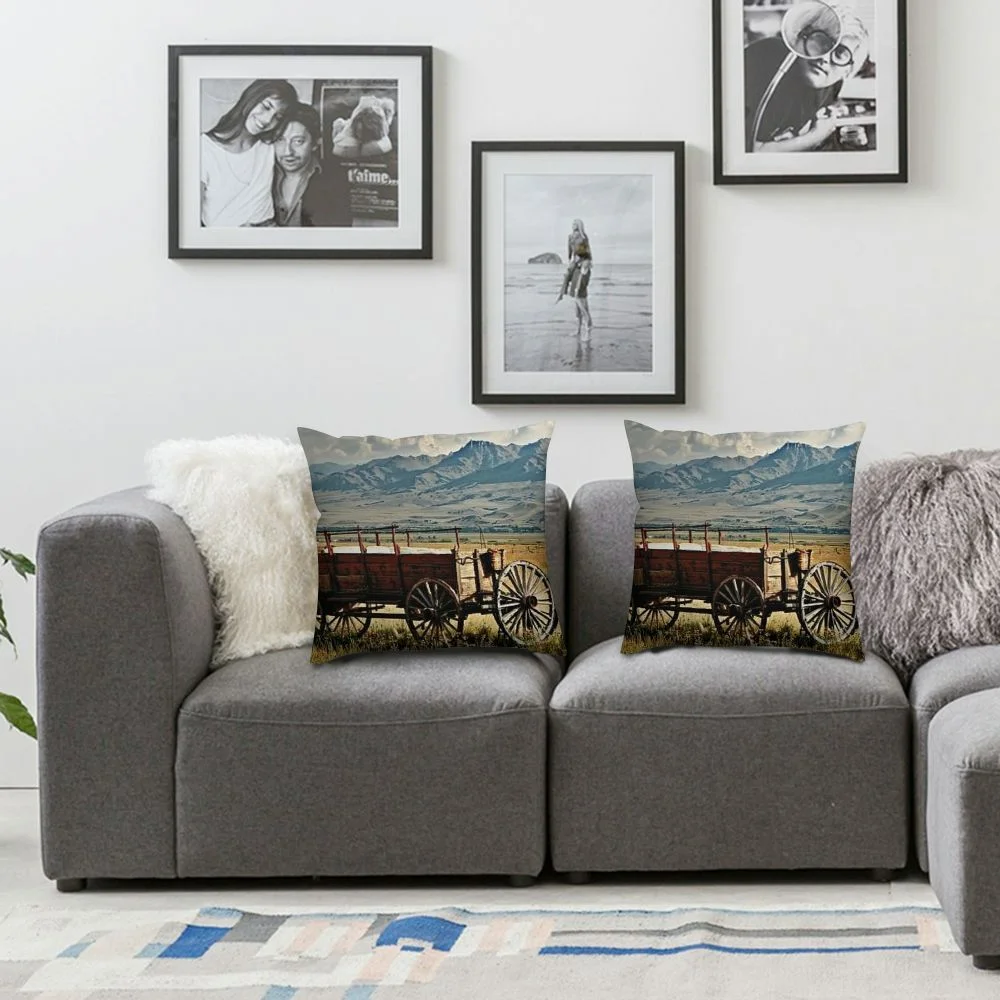 cffrgdeyh  Western Throw Pillow Cushion Cover, Photo of Old Nostalgic Wild West American Cart Carriage in The Farm Texas Style, Decorative Square Accent Pillow Case, Brown Caramel White