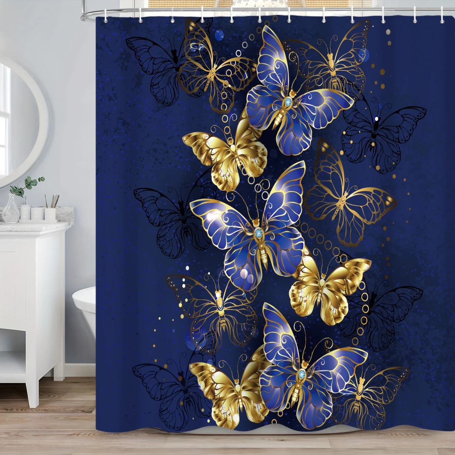 SUNOLIFE Blue Butterfly Shower Curtain Navy Blue Waterproof Fabric Bathroom Curtain with Hooks,72x72 in