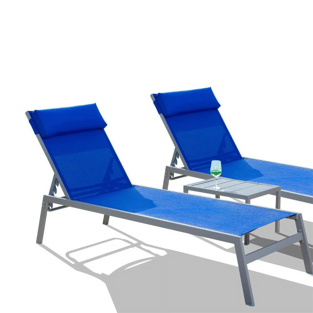 YPDCHB Patio Chaise Lounge Set  3 Pieces Adjustable Backrest Pool Lounge Chairs Steel Textilene Sunbathing Recliner with Headrest (Blue.2 Lounge Chairs+1 Table)