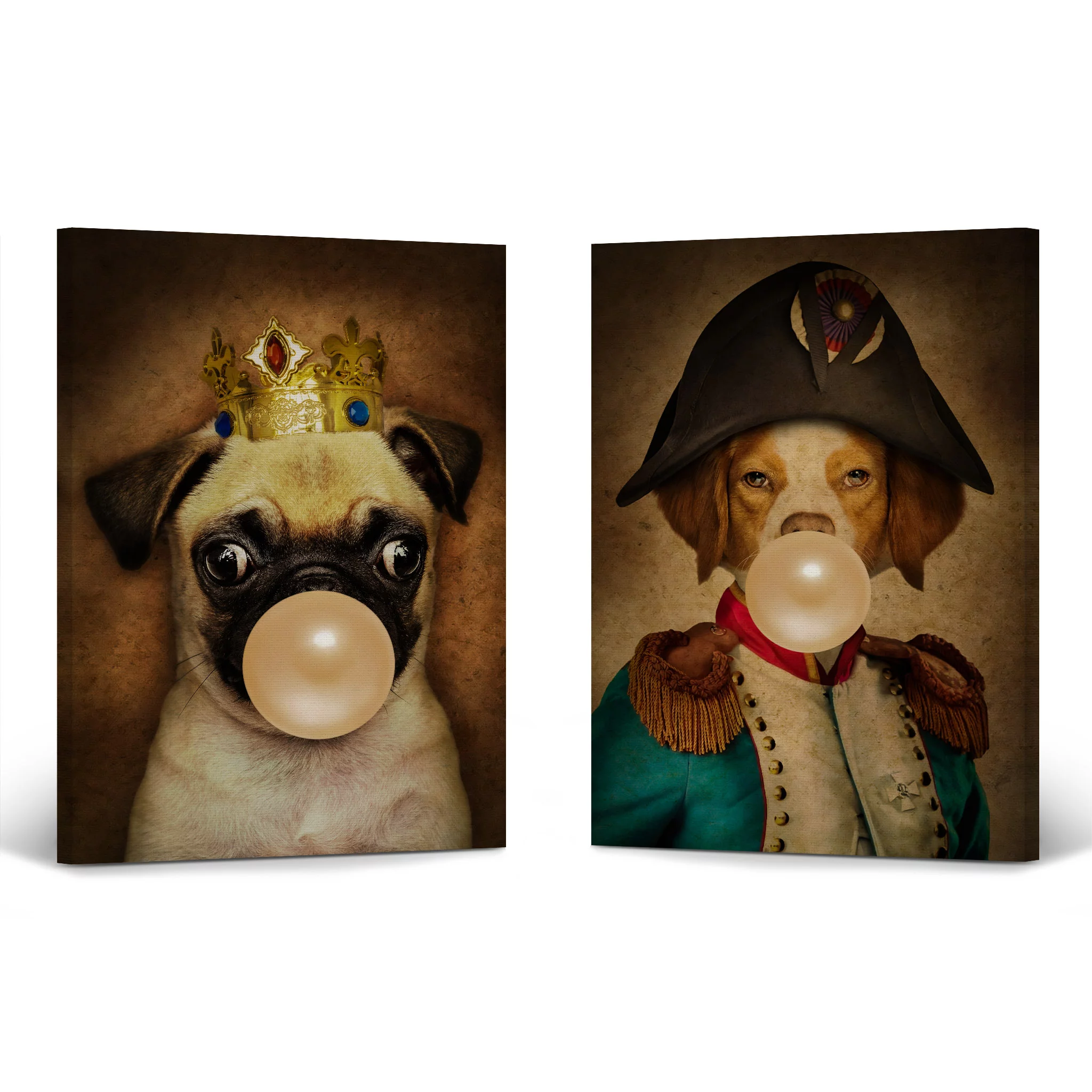 Smile Art Design Portrait of King Pug with Crown and Epagneul Breton Dressed Dog Chewing Orange Bubble Gum 2 Piece Canvas Wall Art Print Set Animal Living Room Bedroom Kids Nursery Room Decor - 22x15