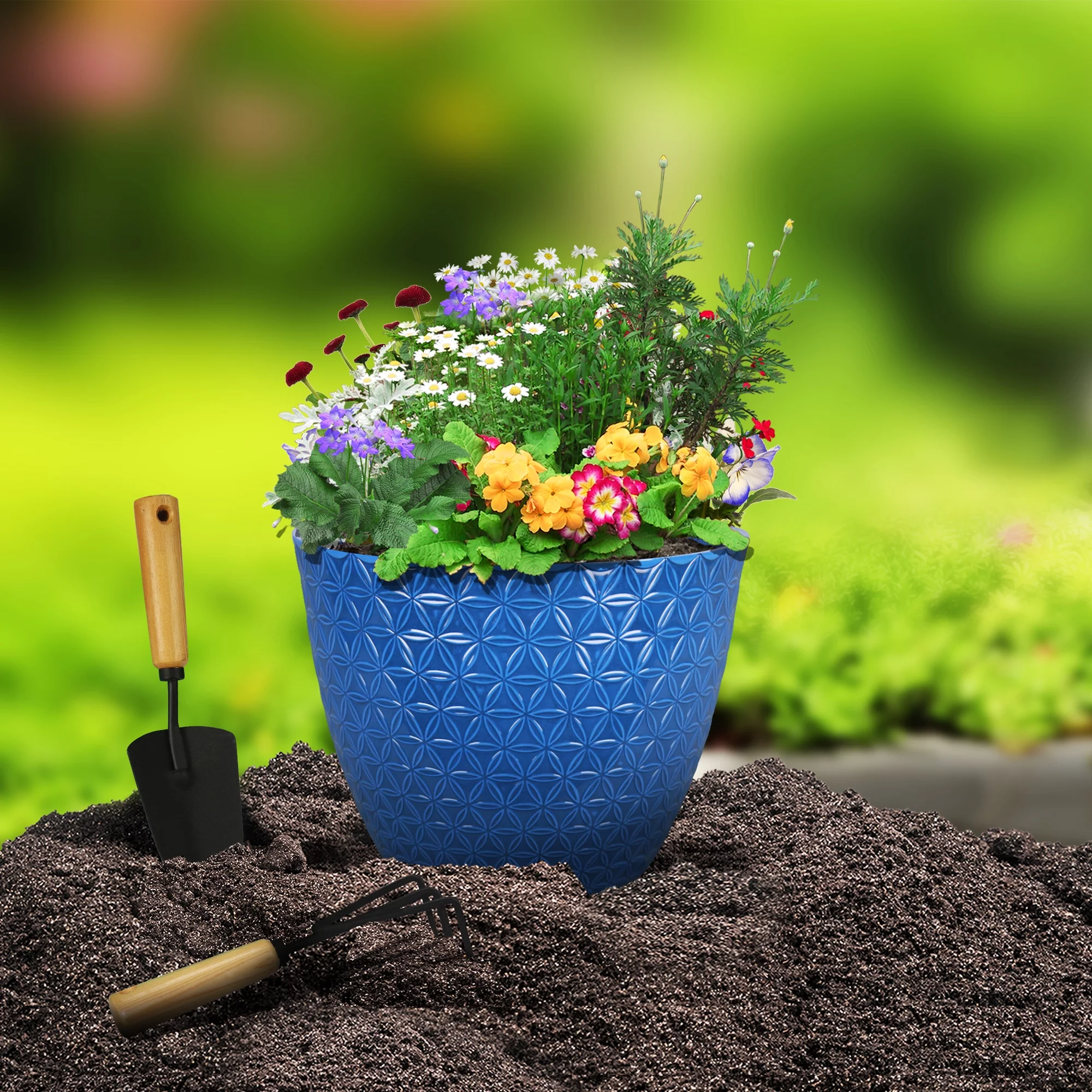 Better Homes & Gardens Fossano Blue Resin Planter, 15.9in x 15.9in x 12.1in