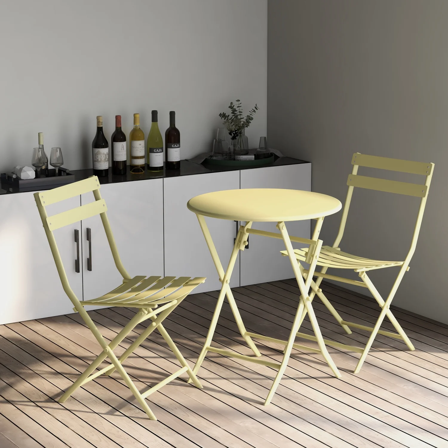 Yellow Stylish 3 Piece Foldable Patio Bistro Set with Round Table and Chairs for Stylish Outdoor Dining and Relaxation