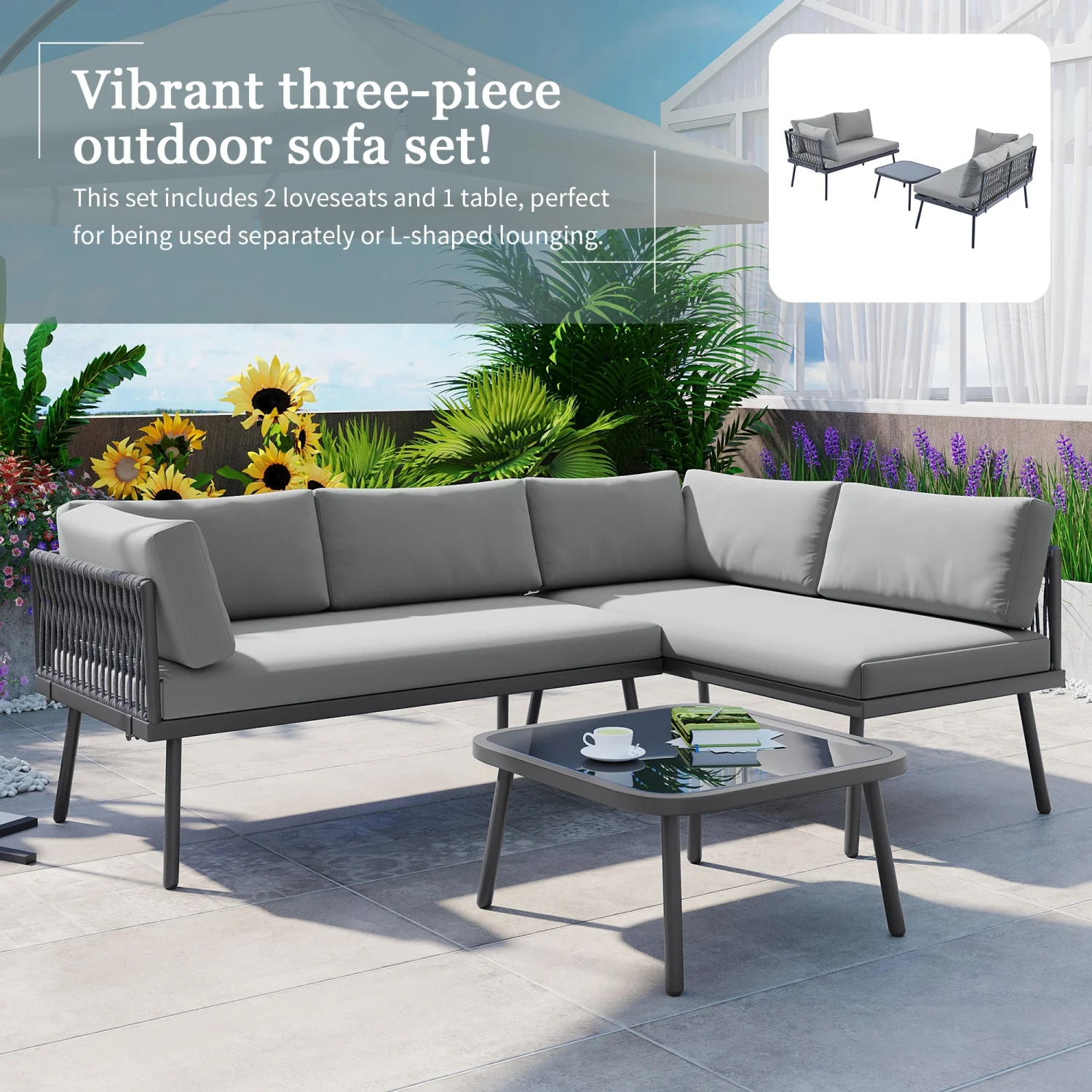 Stylish and Luxurious 3-Piece TOPMAX Modern Gray L-Shaped Outdoor PE Rattan Sofa Set with Comfortable Cushions | All Weather Metal Sectional Furniture for Backyard  Poolside  Garden | Sty