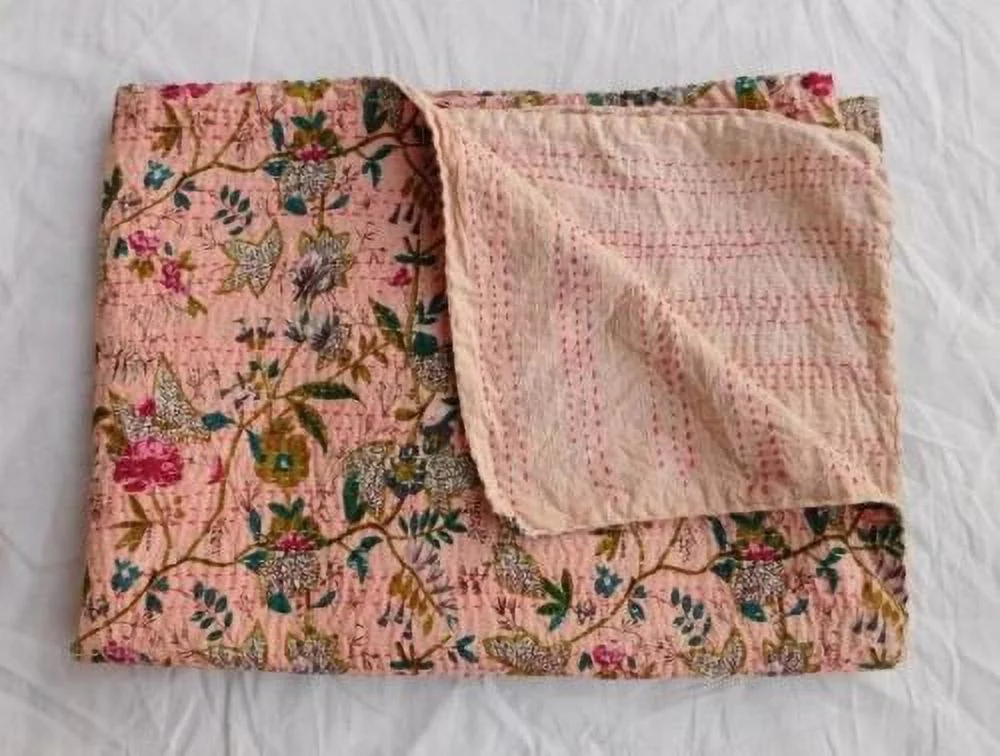 Indian Handmade Queen Cotton Kantha Quilt throw Blanket Bedspread Vintage Quilt