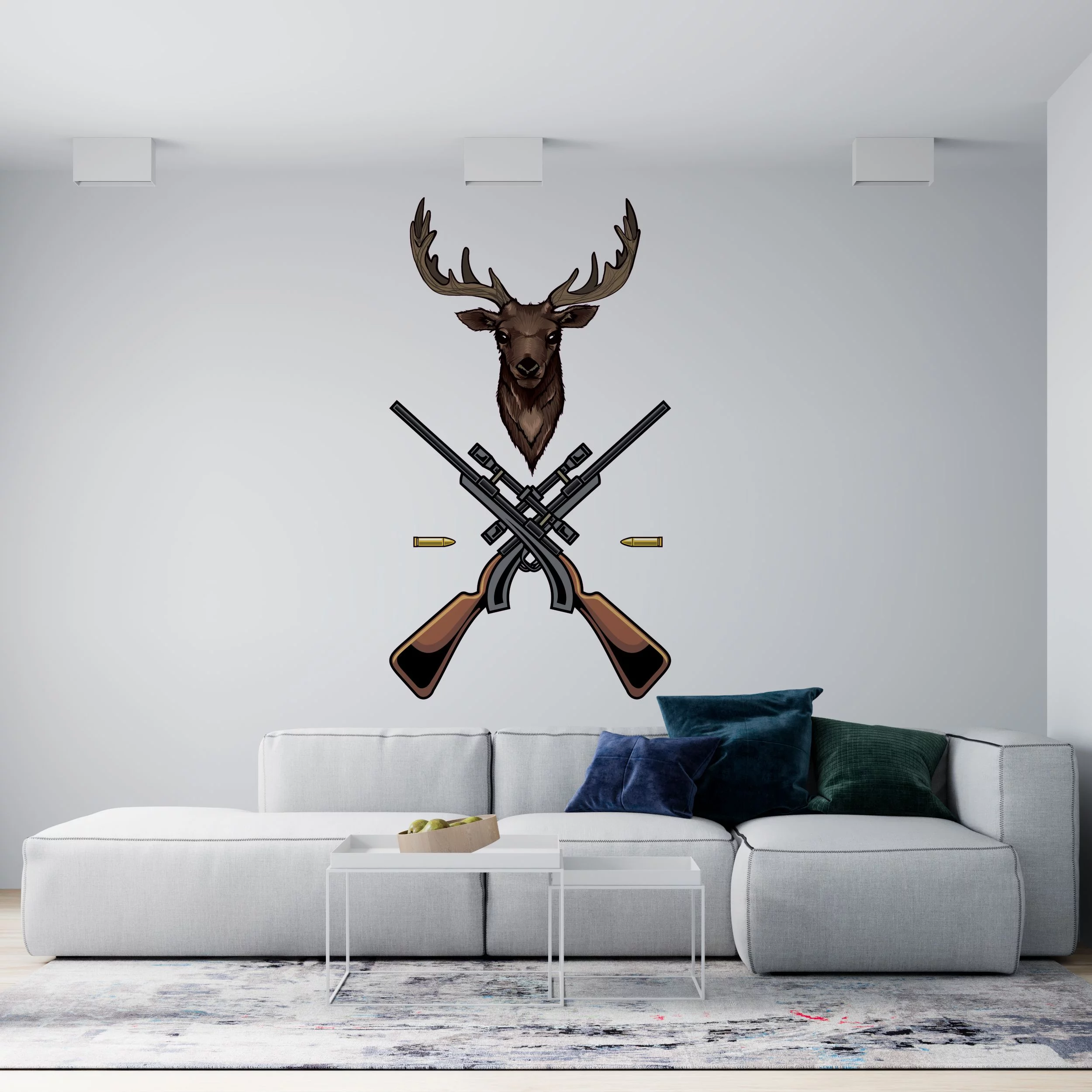 Removable Rain Deer Sport Hunting Trophy Decor Vinyl Kids Bedroom Living Room Adhesive Wall Decal | 20 Inches x 34 Inches Multi-colored Home Art Mule Deer Guns Design Decoration Sticker