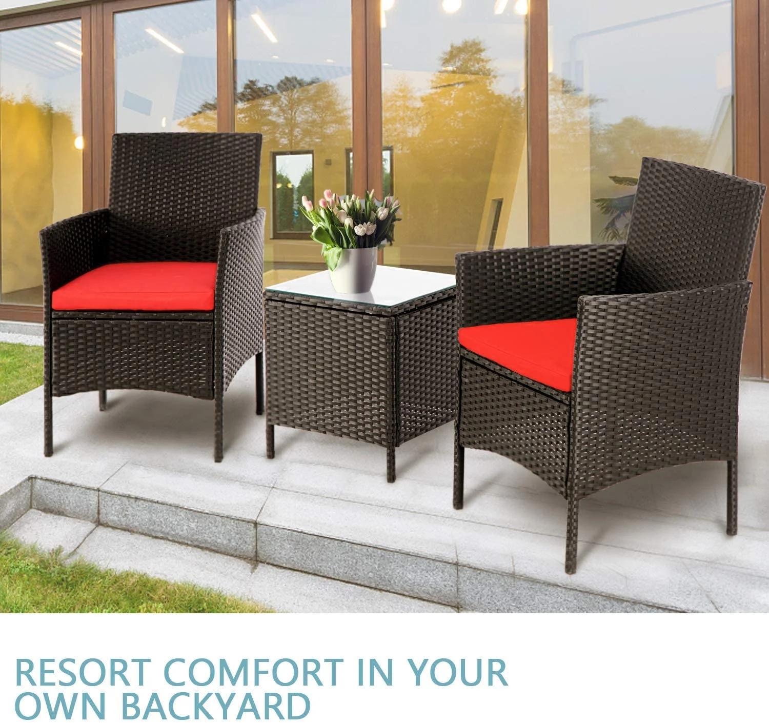 SQTYB VGYUIJN 3 Pieces Outdoor VGYUIJN Patio VGYUIJN Set PE Black Wicker Patio Chairs with Coffee VGYUIJN for Front Porch  Balcony  Backyard (Blue Cushion)