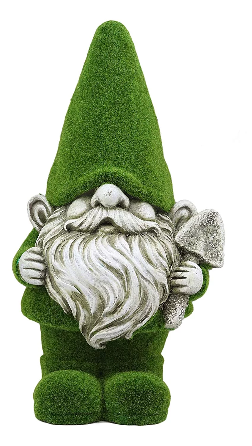 Large Whimsical Green Thumb Gnome With Shovel Garden Statue In Artificial Moss