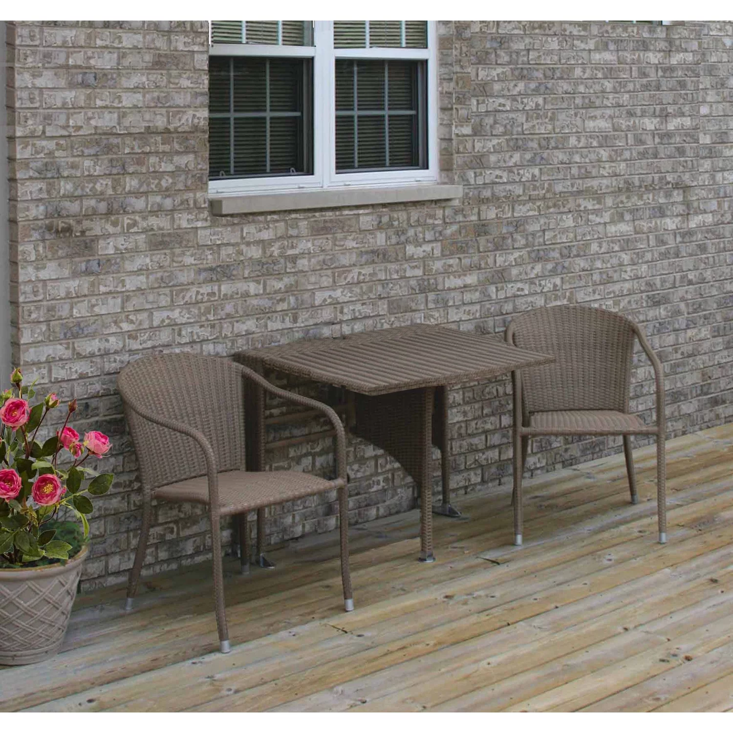 Blue Star Terrace Mates Daniella, 3-Piece All Weather-Wicker Table and Chair Set  with Half-Square Table & Stacking Chairs, Coffee