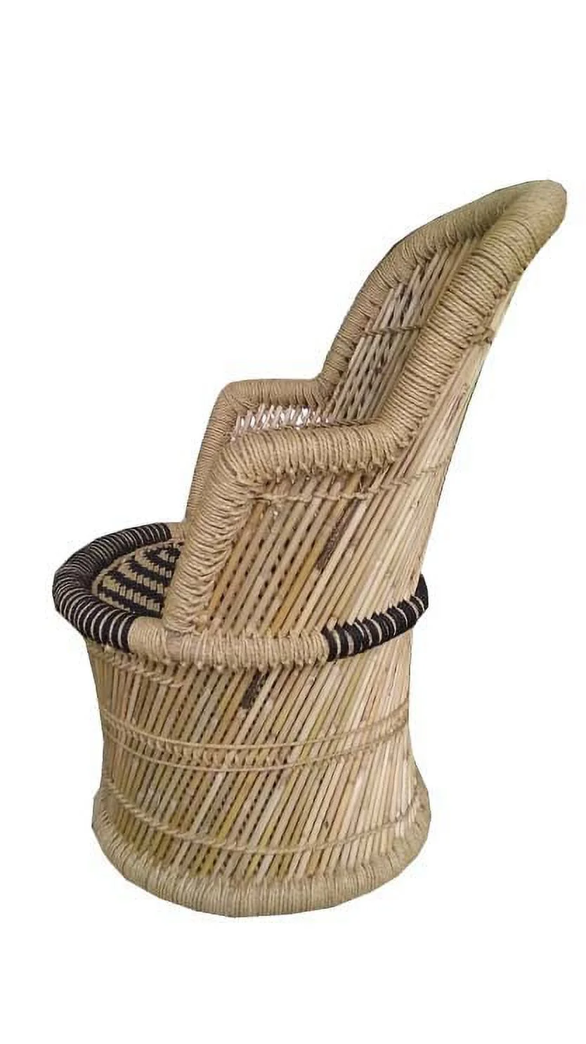 Harish Handmakers ! Natural And Handmade Bamboo Weaving Chair With Mudda Black And Beige Wave Design Set Of 2 +1