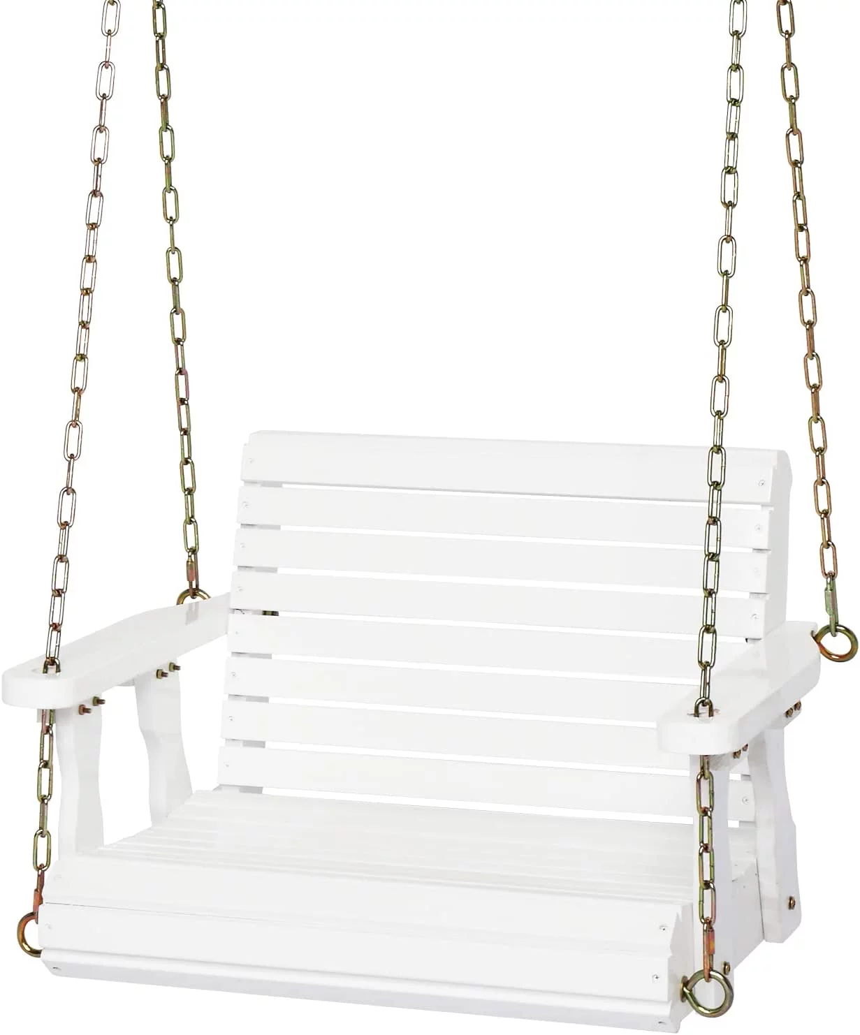 Heavy Duty 440 LBS 1-Person Wooden Patio Porch Swing, Outdoor Single Swing Chair Bench with Adjustable Chains for Porch, Yard, Balcony, Tree (White)