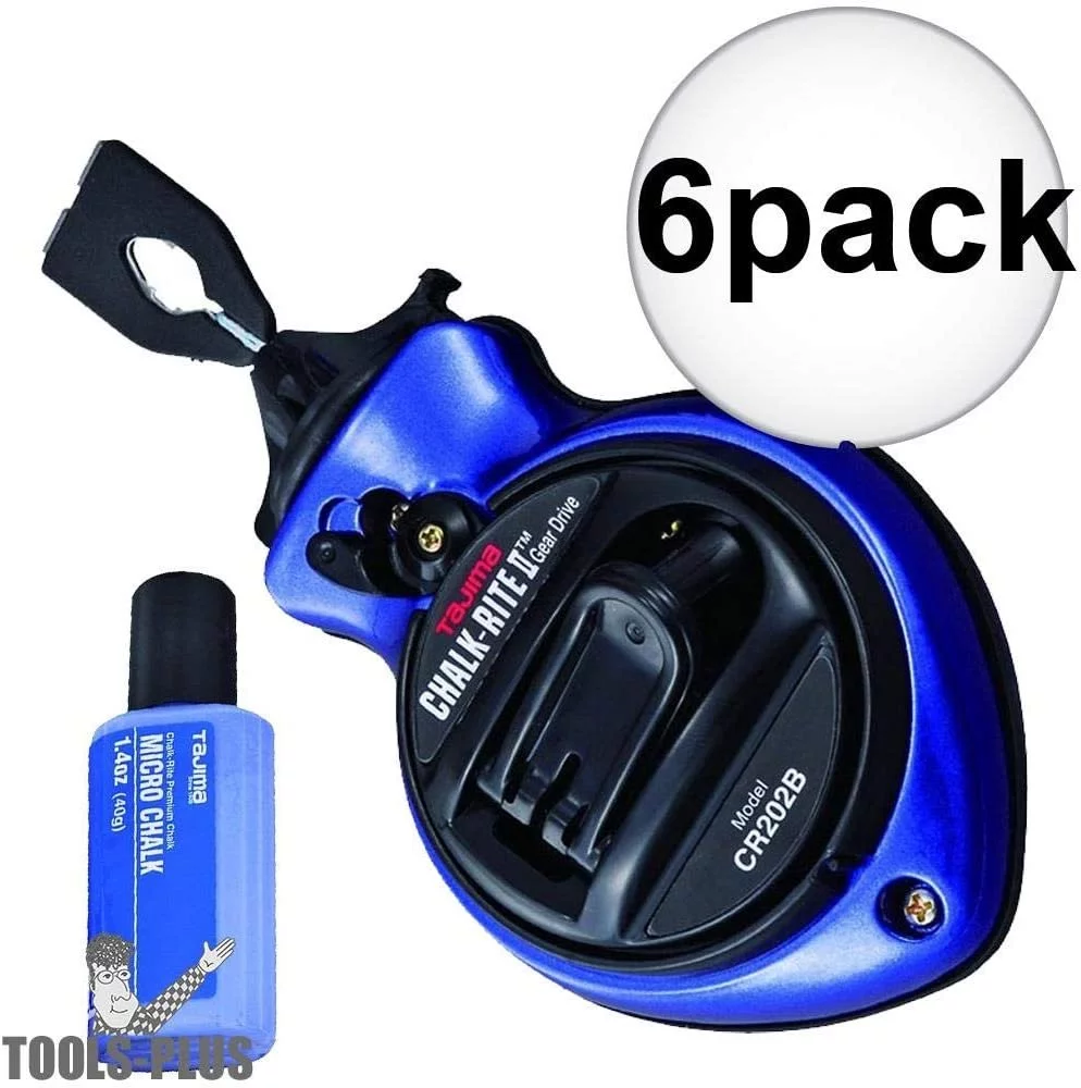 6 Pack Tajima CR202B-P Blue Chalk-Rite II GearDrive Ultra Thin Fast-Wind Chalk Snap-Line with Blue Micro Chalk
