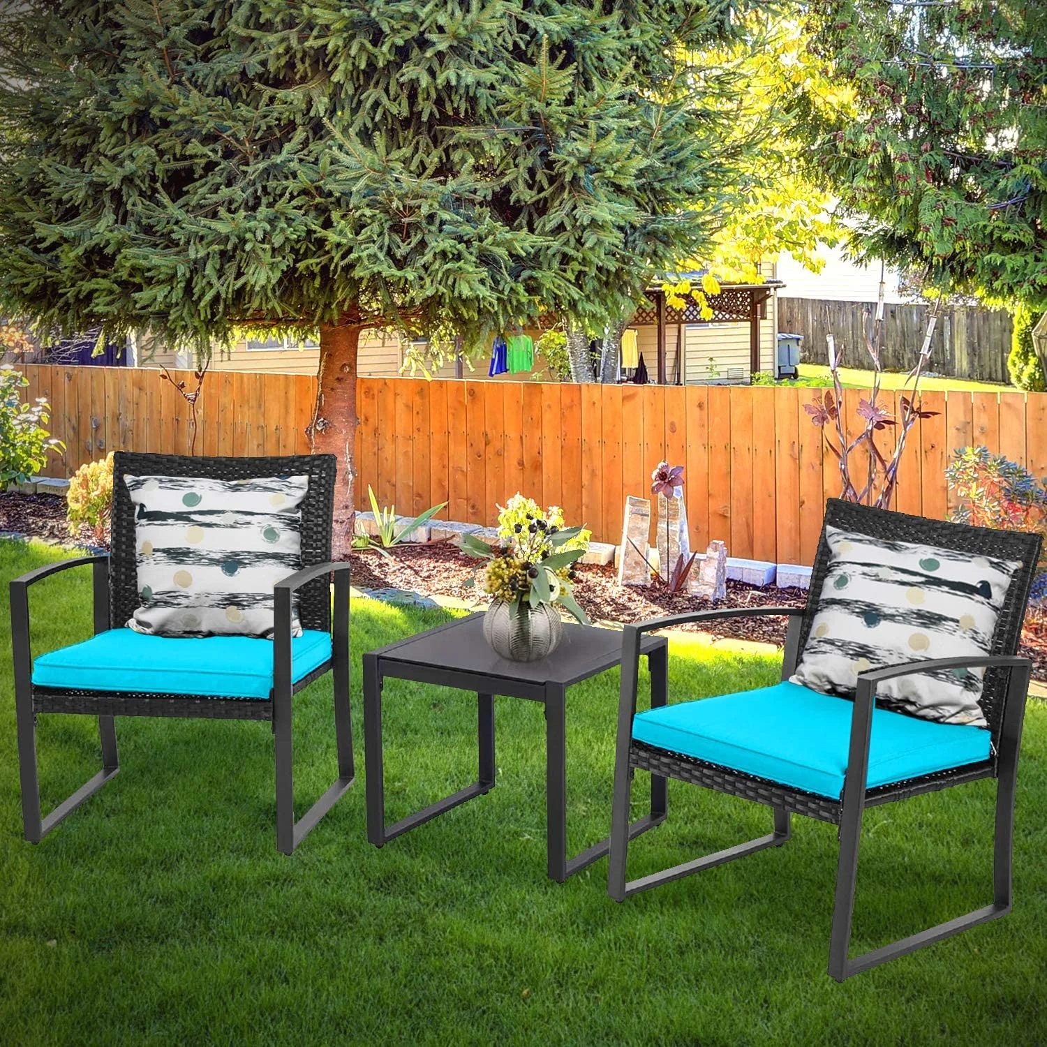 Outdoor 3-Piece Bistro and Coffee Set Black Wicker Furniture-Two Chairs with Glass Coffee Table
