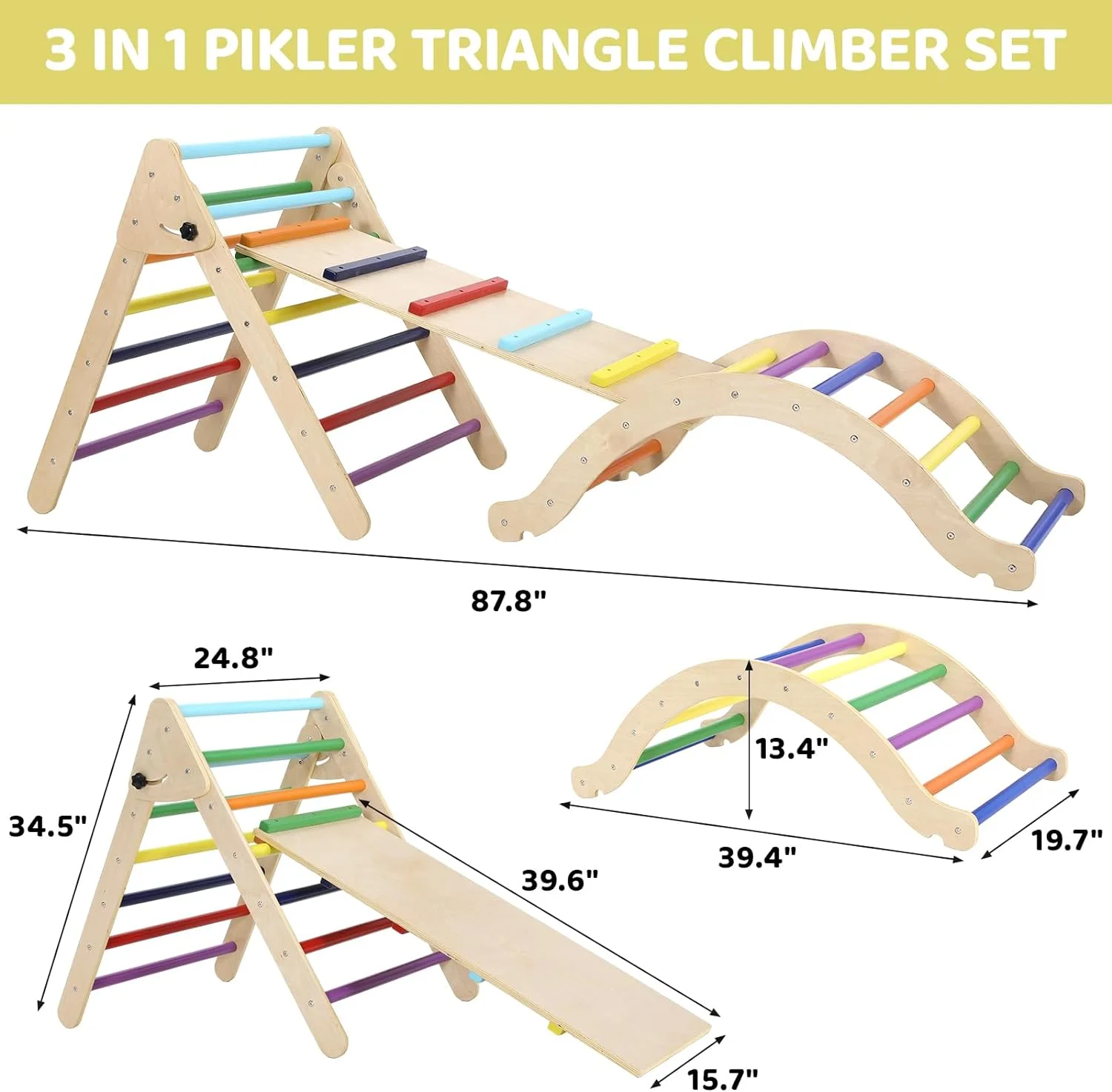 5 in 1 Pikler Triangle Toys, Climbing Triangle Ladder Toys with Ramp & Arch, Toddler Wooden Climber Gym, Sliding or Climbing Montessori Toy Set, Gift for Boys Girls