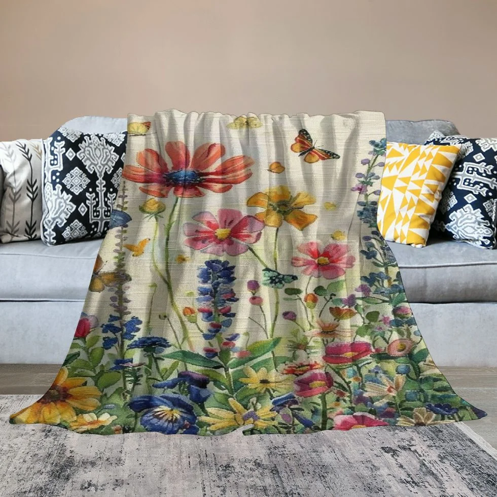 MAXIAO Bed Spring Flower Colorful Herbs Plant Leaf Floral Daisy Butterfly Flannel Blanket White