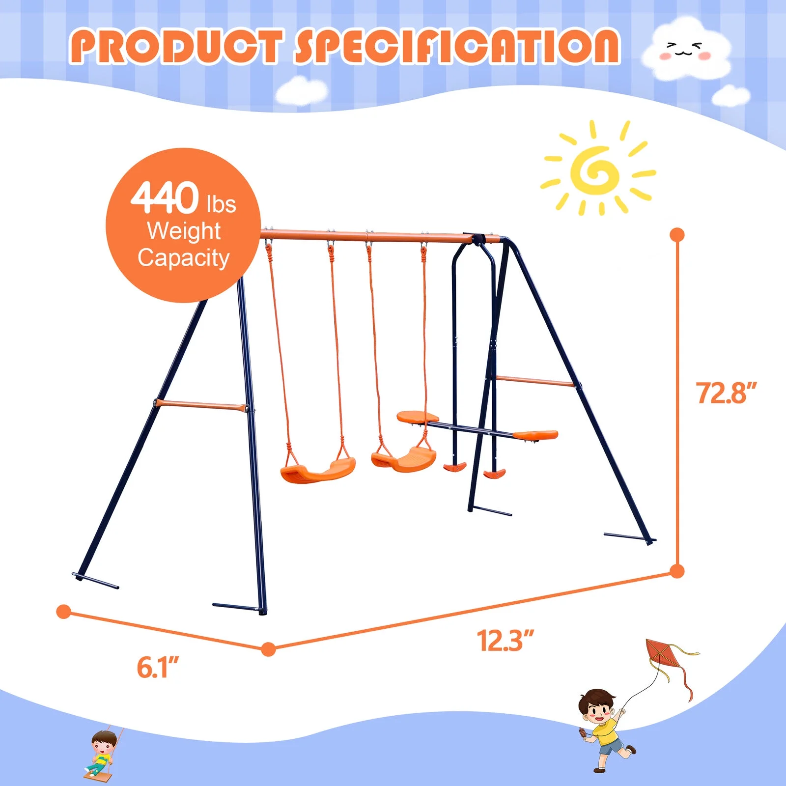 Double Kids Play Swing Set w/ 2 Seats & 1 Glider for Outdoor Backyard Heavy-Duty