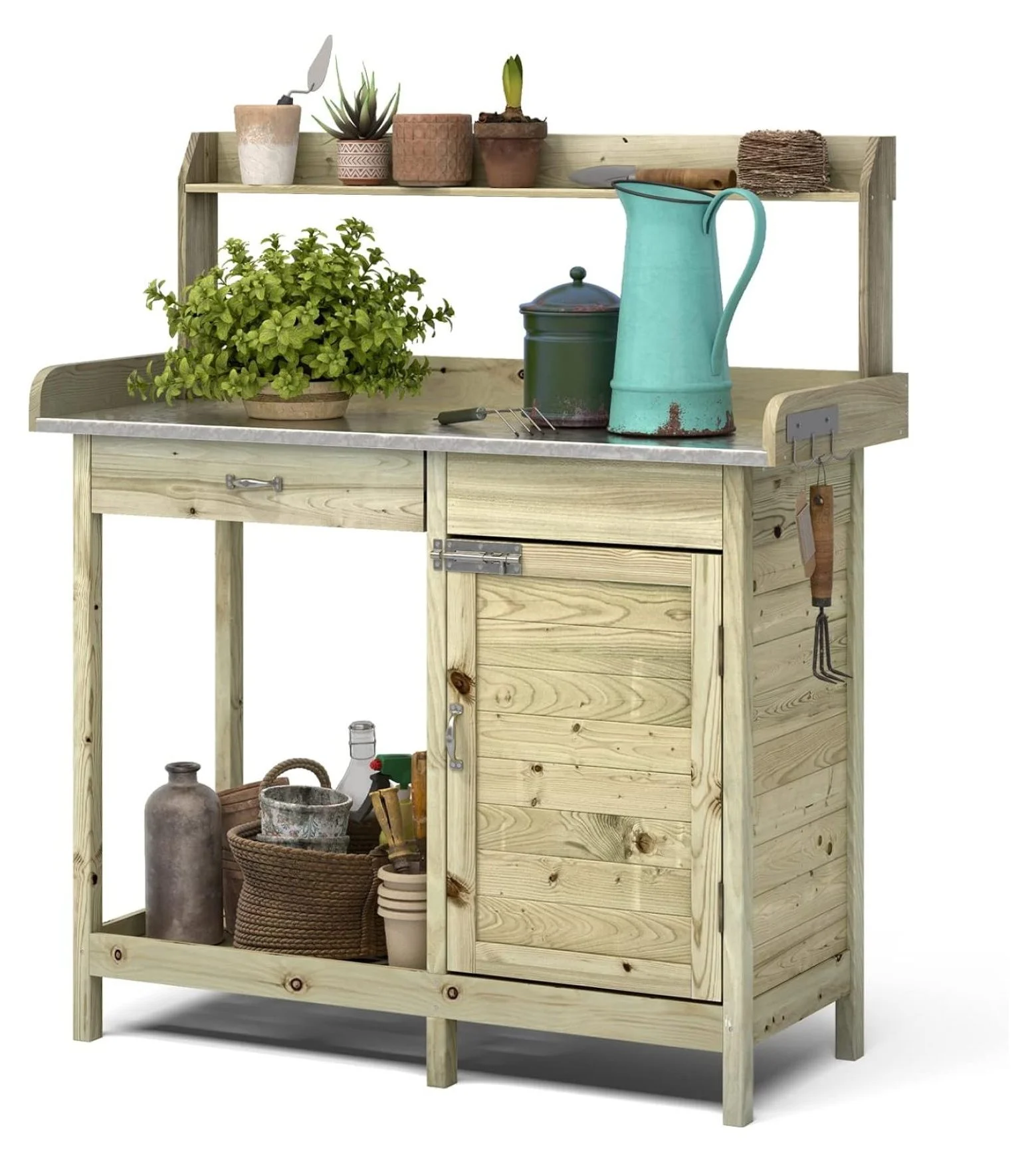 Wooden Potting Bench Tables, Fir Work Station Table Outdoor Garden Potting Table with Cabinet, Hook, Storage Bottom Shelf,for Garden Supplies