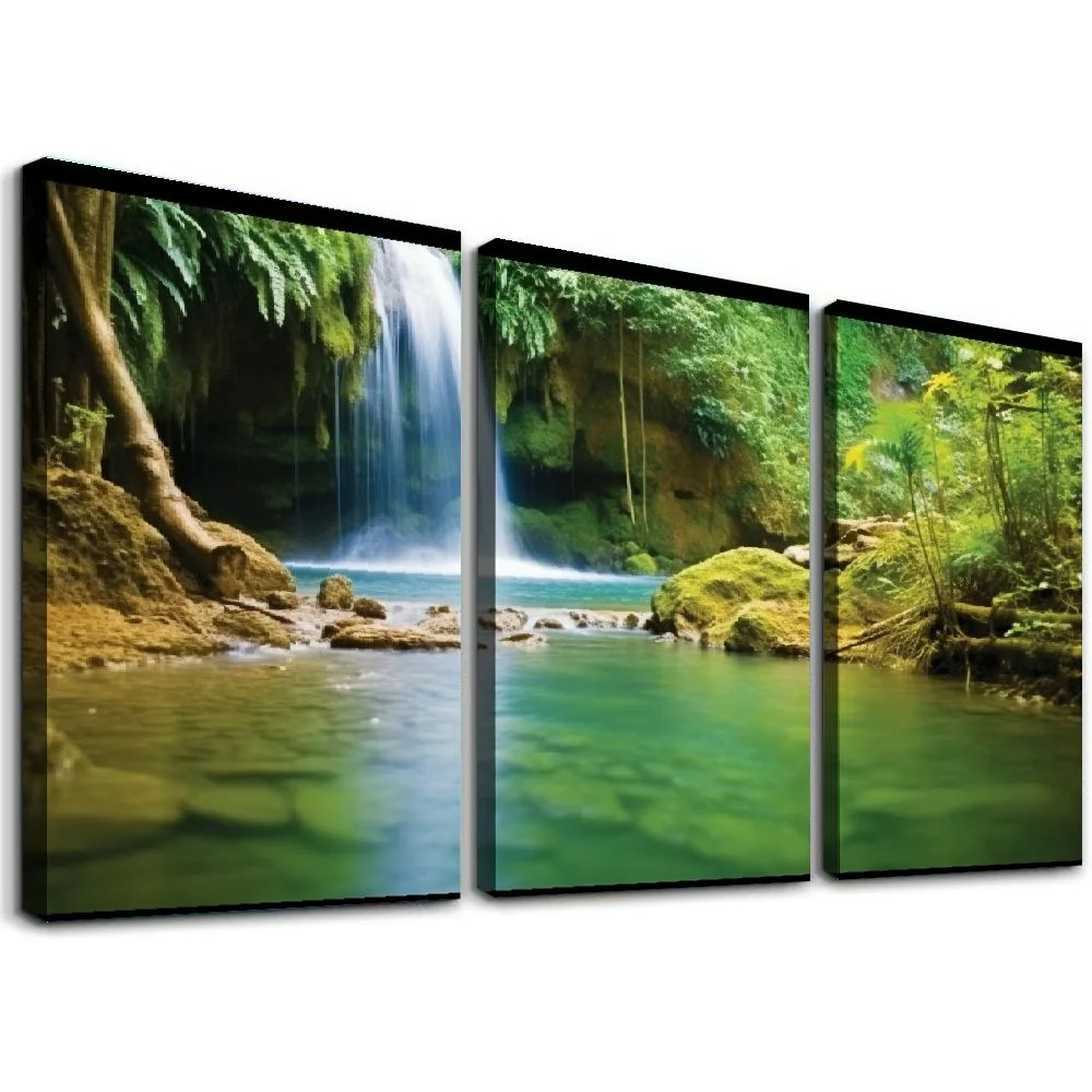 Jiayy Waterfall Tropical Forest Stream Art Wall Decor Oil Painting 12x16in x3 Print On Canvas Living Room Bedroom Home Office Wall Decor 12x16x3pcs