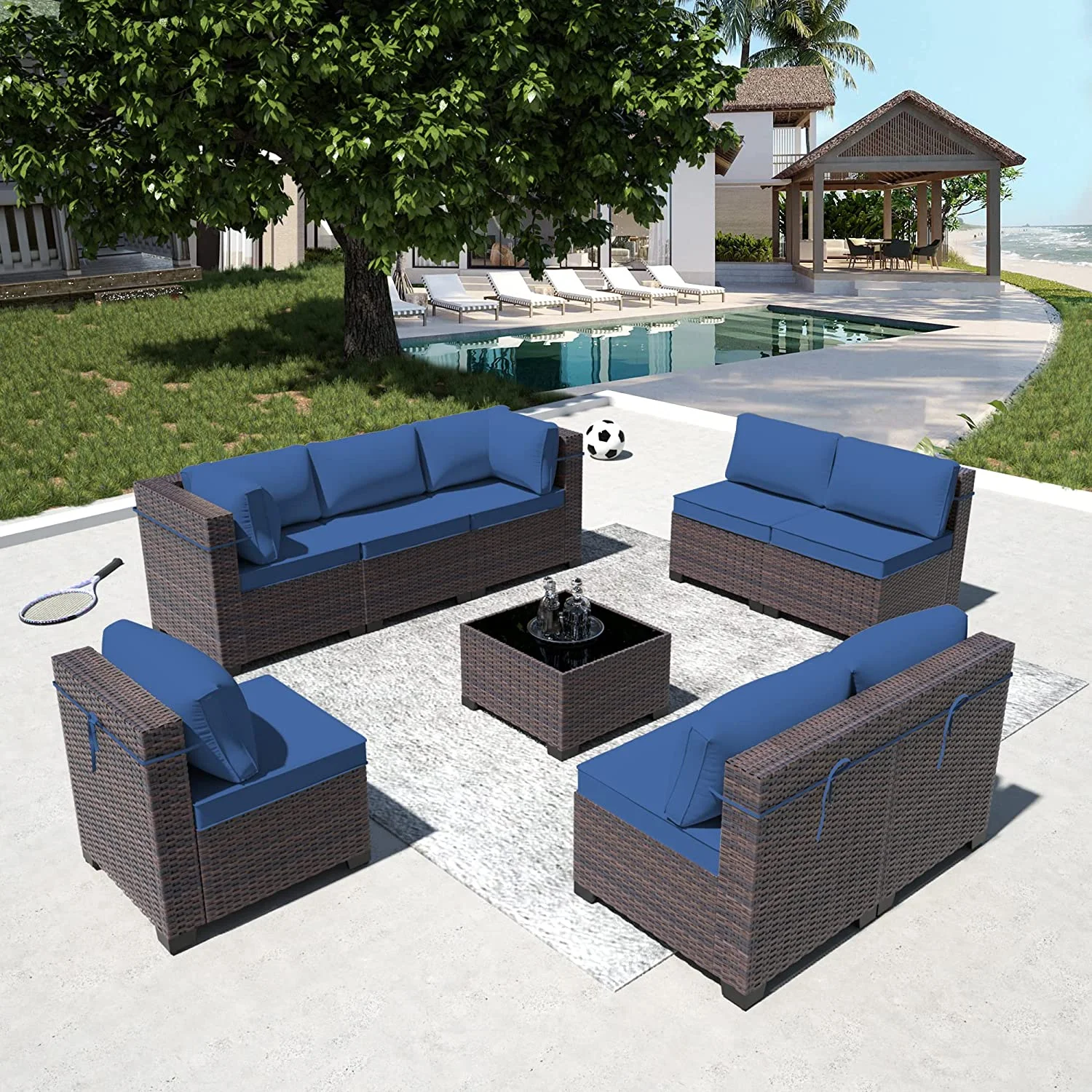 Outdoor Patio Furniture Set  14 Pieces Outdoor Furniture All Weather Patio Sectional Sofa PE Wicker Modular Conversation Sets with Coffee Table 12 Chairs & Seat Clips(Sand)
