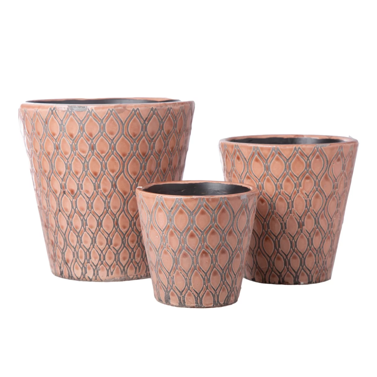 Ceramic Round Pot with Oval Symmetric Pattern Design Body and Tapered Bottom Set of Three Gloss Finish -  Apricot