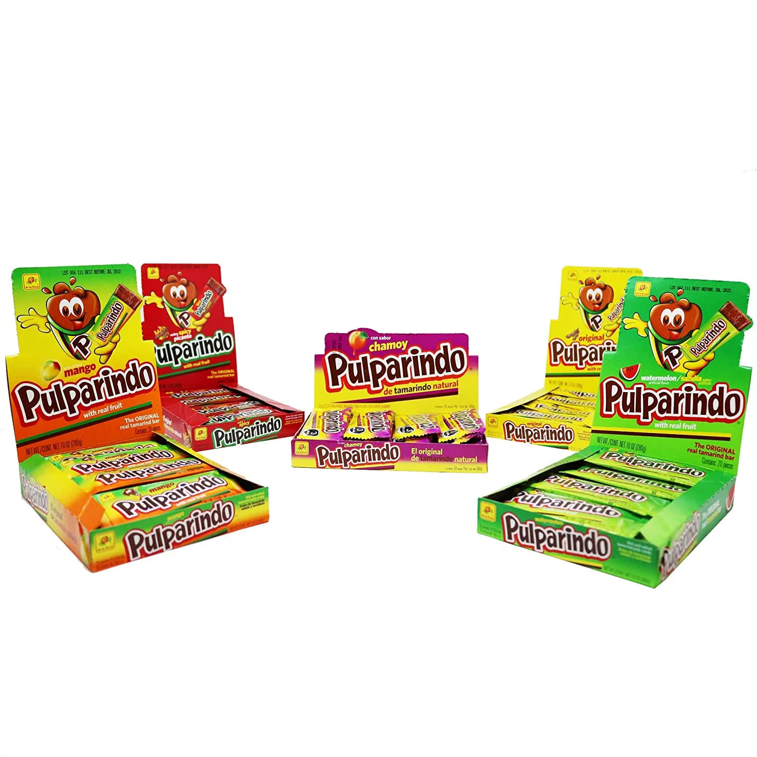 Pulparindo 5 Flavors Contains Pulparindo Chamoy, Pulparindo Sandia, Pulparindo Mango, Pulparindo Spicy and Original Pulparindo Tamarind, 20 Count Boxes (Variety Pack of 5)