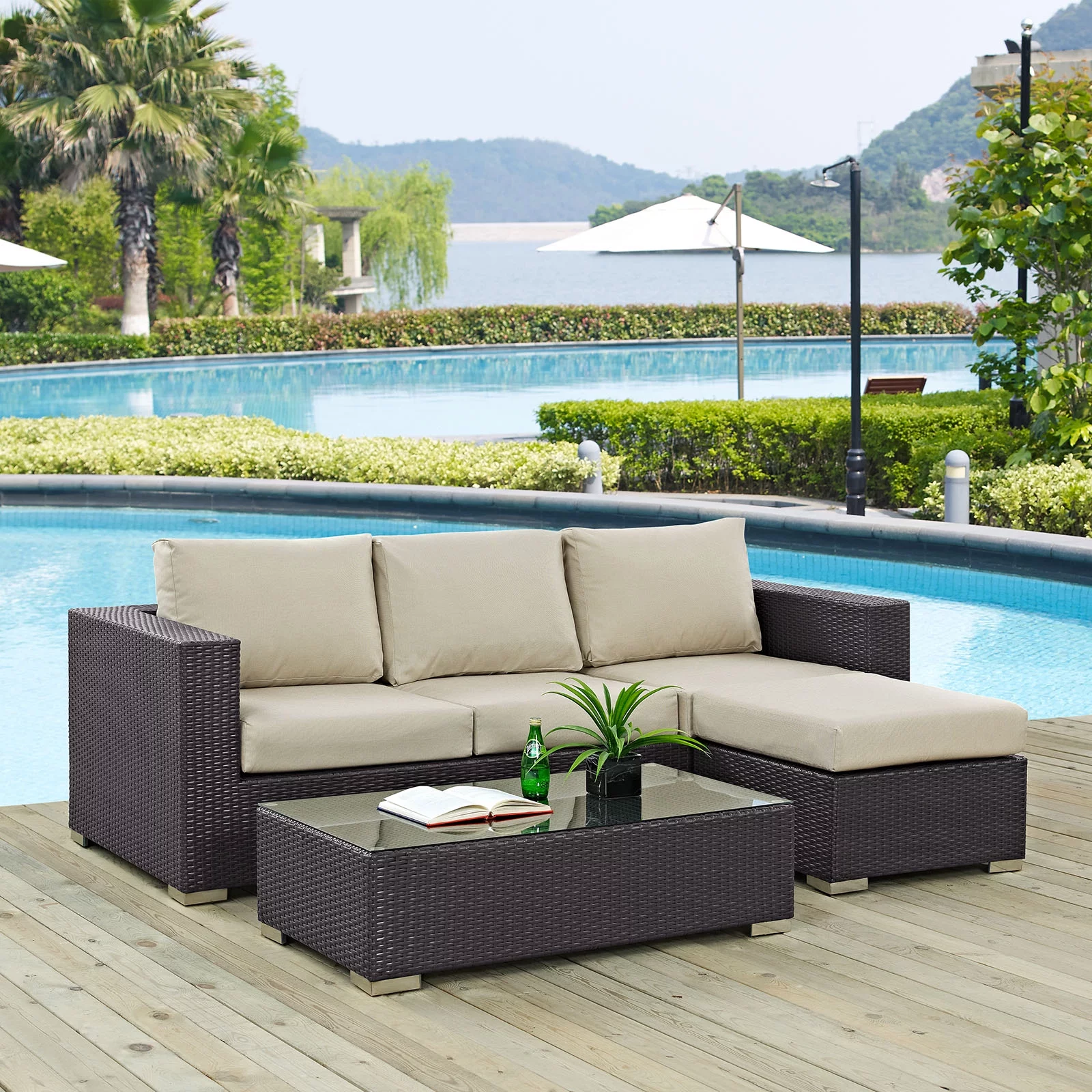 Modern Contemporary Urban Design Outdoor Patio Balcony Three PCS Sofa Set, Beige, Rattan