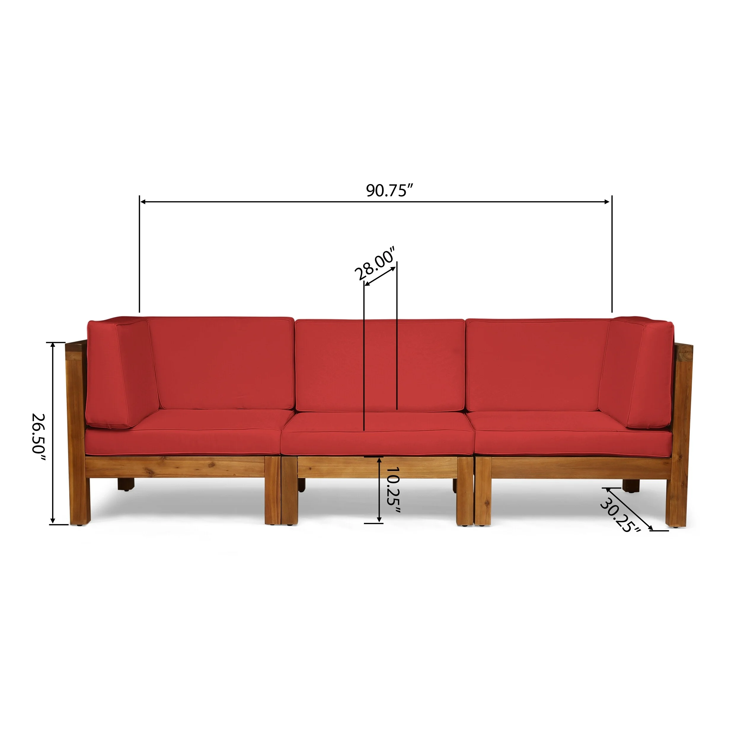 Christopher Knight Home Brava Outdoor Cushioned Acacia Wood Sofa by  teak + red cushion