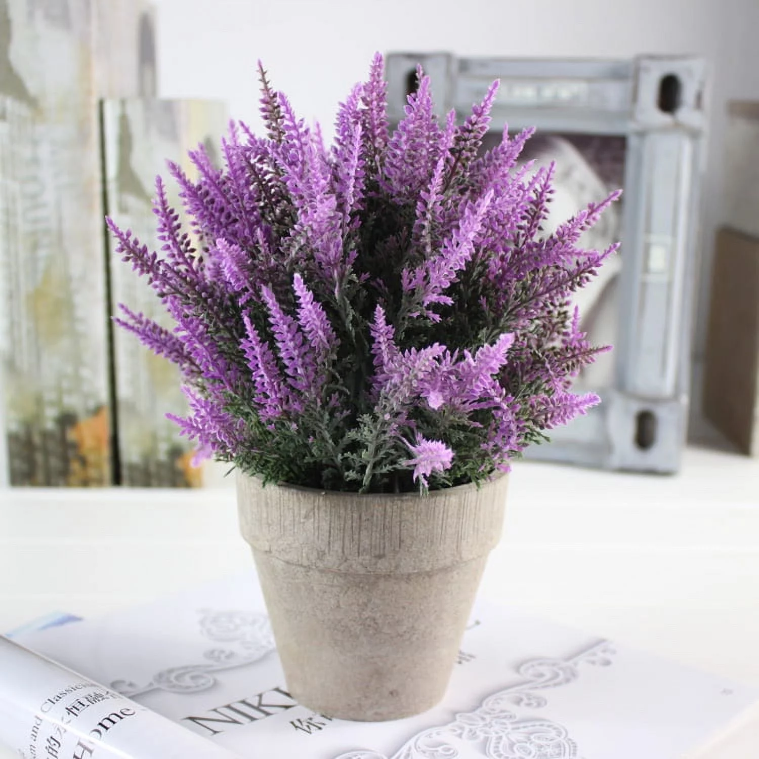 K_Cliffs Mini Artificial Flowers Provence Lavender Arrangement in Pot for Home Decor (Purple)
