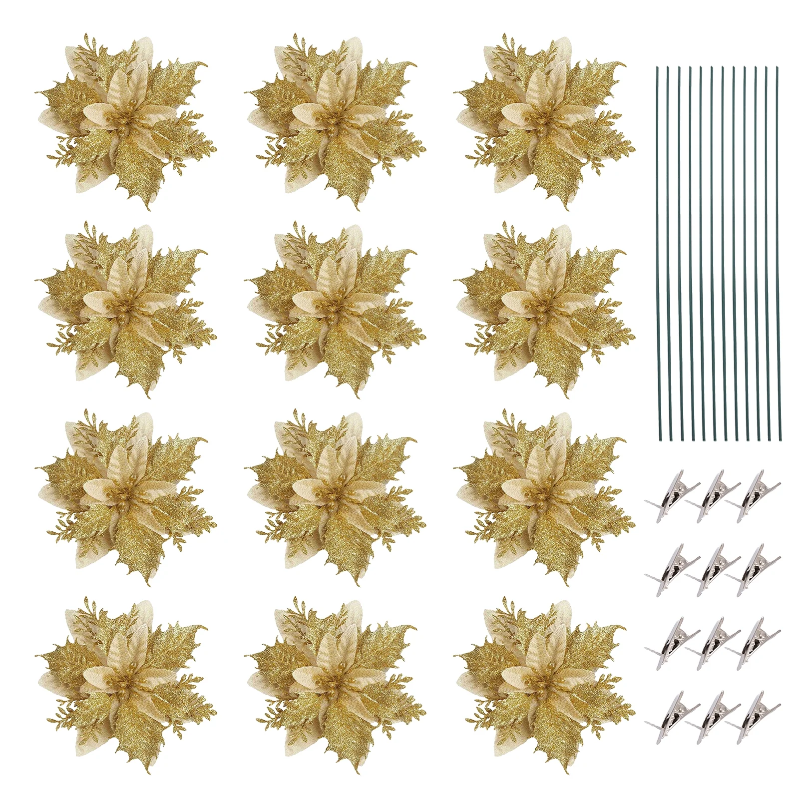 Homchum Artificial Poinsettia Flower with Clips Glitter Poinsettia Christmas Ornaments Tree Flower Decorations with Stems DIY Xmas Wreath Decor, 12 Pcs Gold