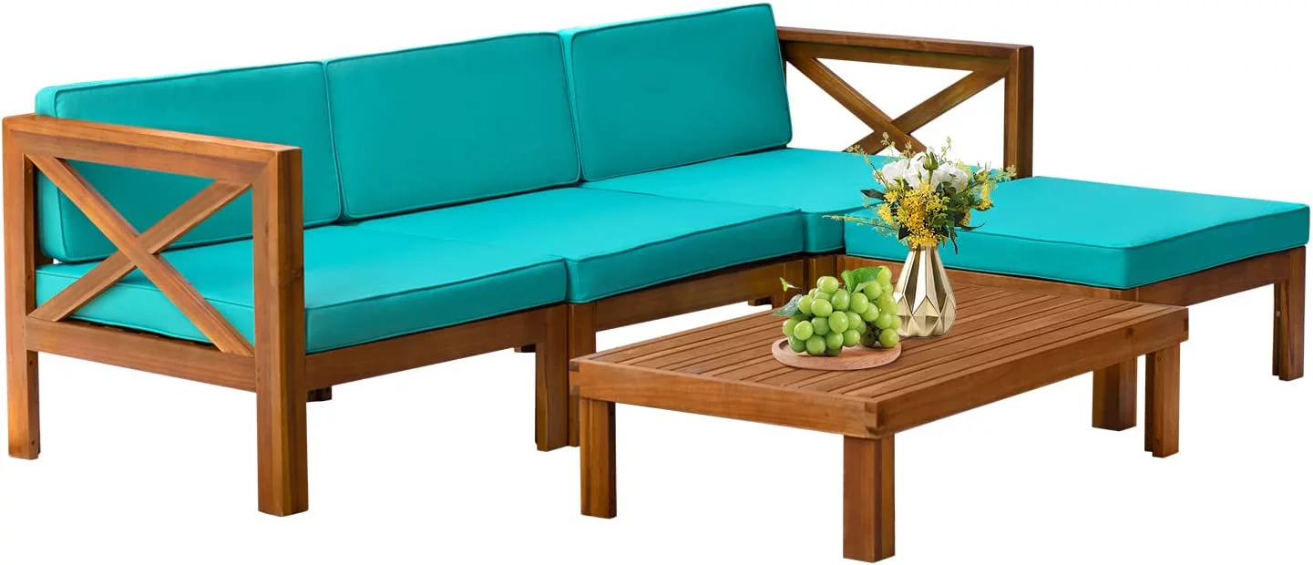 5-Piece Acacia Wood Outdoor Sofa Set Patio Bistro Set Furniture Outdoor Chat Conversation Table Chair Set with Water Resistant Cushions and Coffee Table for Beach Backyard Garden