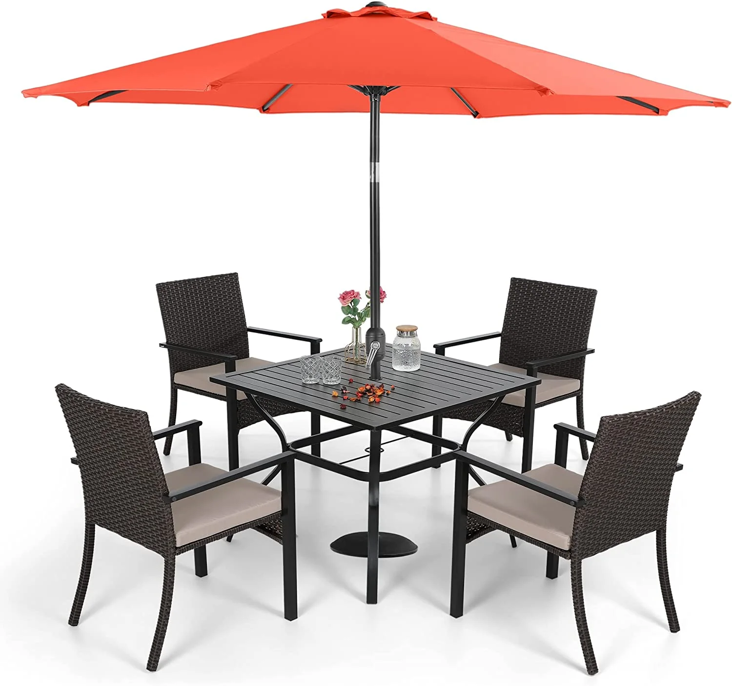 & William Outdoor 6 Pieces Dining Set with 4 Rattan Chairs  1 Metal Table and 1 10ft 3 Tier Auto-tilt Umbrella(No Base) Orange Red  Modern Patio Furniture for Poolside  Porch  Patio