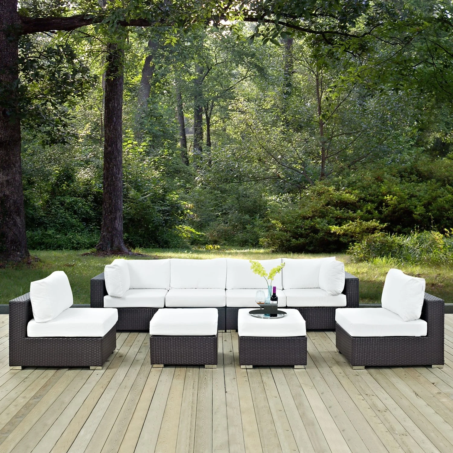 Lounge Sectional Sofa Table Set, White, Rattan, Wicker, Outdoor Patio Balcony Cafe Bistro Garden Hospitality Restaurant, Modern Contemporary HB32898