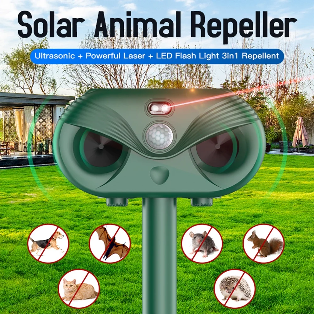 Solar Animal Repellent with Motion Activated LED Flash Light Protects Farm from Dogs, Cats, Birds, Rabbits, and Raccoons